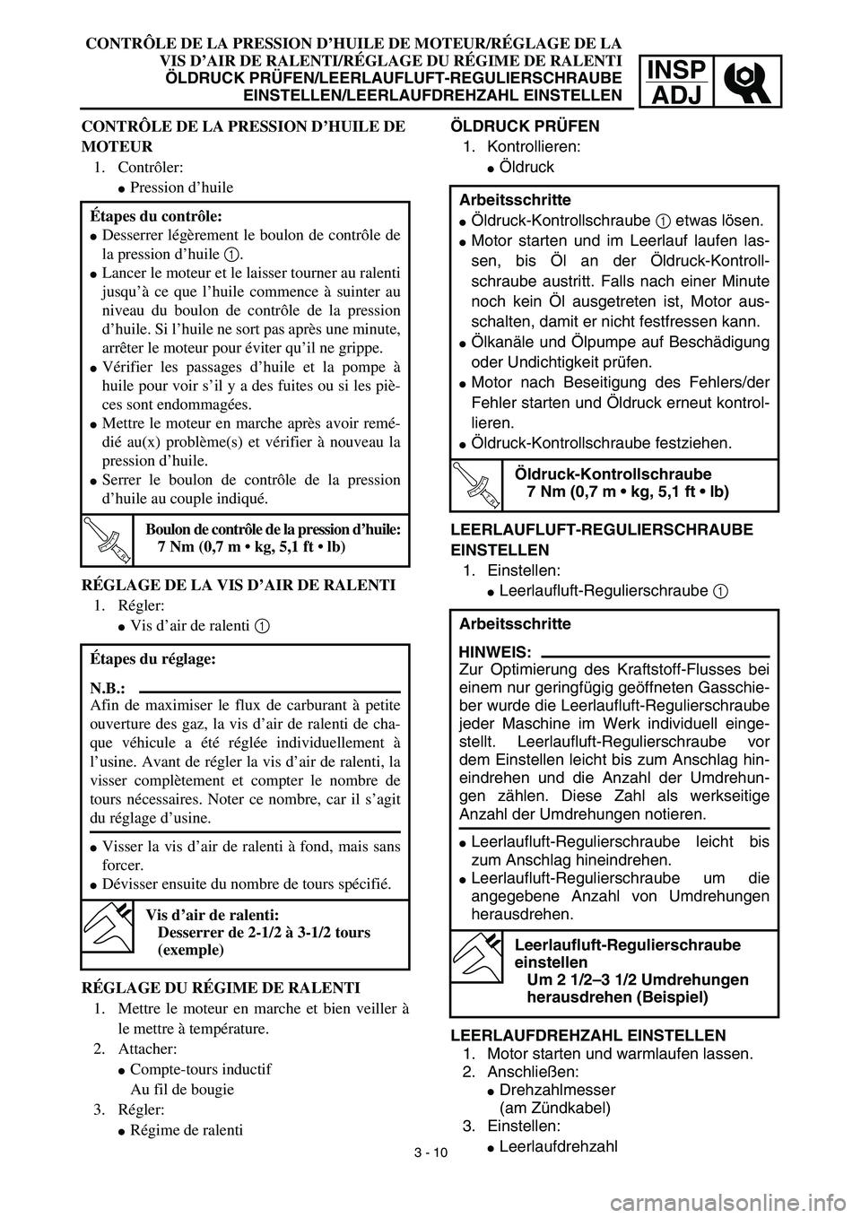 YAMAHA TTR125 2003  Owners Manual INSP
ADJ
CONTRÔLE DE LA PRESSION D’HUILE DE MOTEUR/RÉGLAGE DE LA
VIS D’AIR DE RALENTI/RÉGLAGE DU RÉGIME DE RALENTI
ÖLDRUCK PRÜFEN/LEERLAUFLUFT-REGULIERSCHRAUBE
EINSTELLEN/LEERLAUFDREHZAHL EI