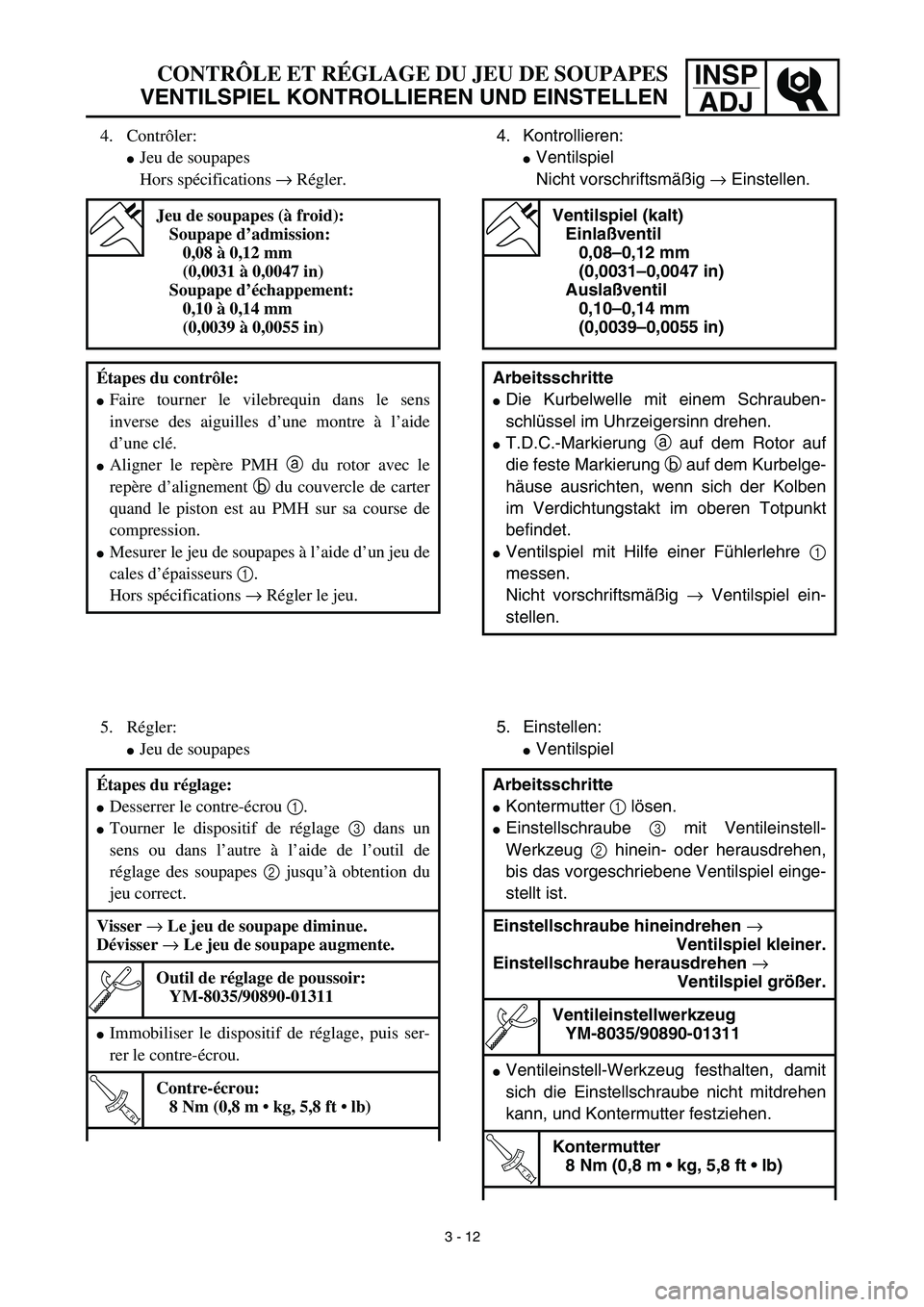 YAMAHA TTR125 2003  Owners Manual INSP
ADJ
4. Kontrollieren:
Ventilspiel
Nicht vorschriftsmäßig → Einstellen. 
5. Einstellen:
Ventilspiel
Ventilspiel (kalt)
Einlaßventil
0,08–0,12 mm
(0,0031–0,0047 in)
Auslaßventil
0,10–