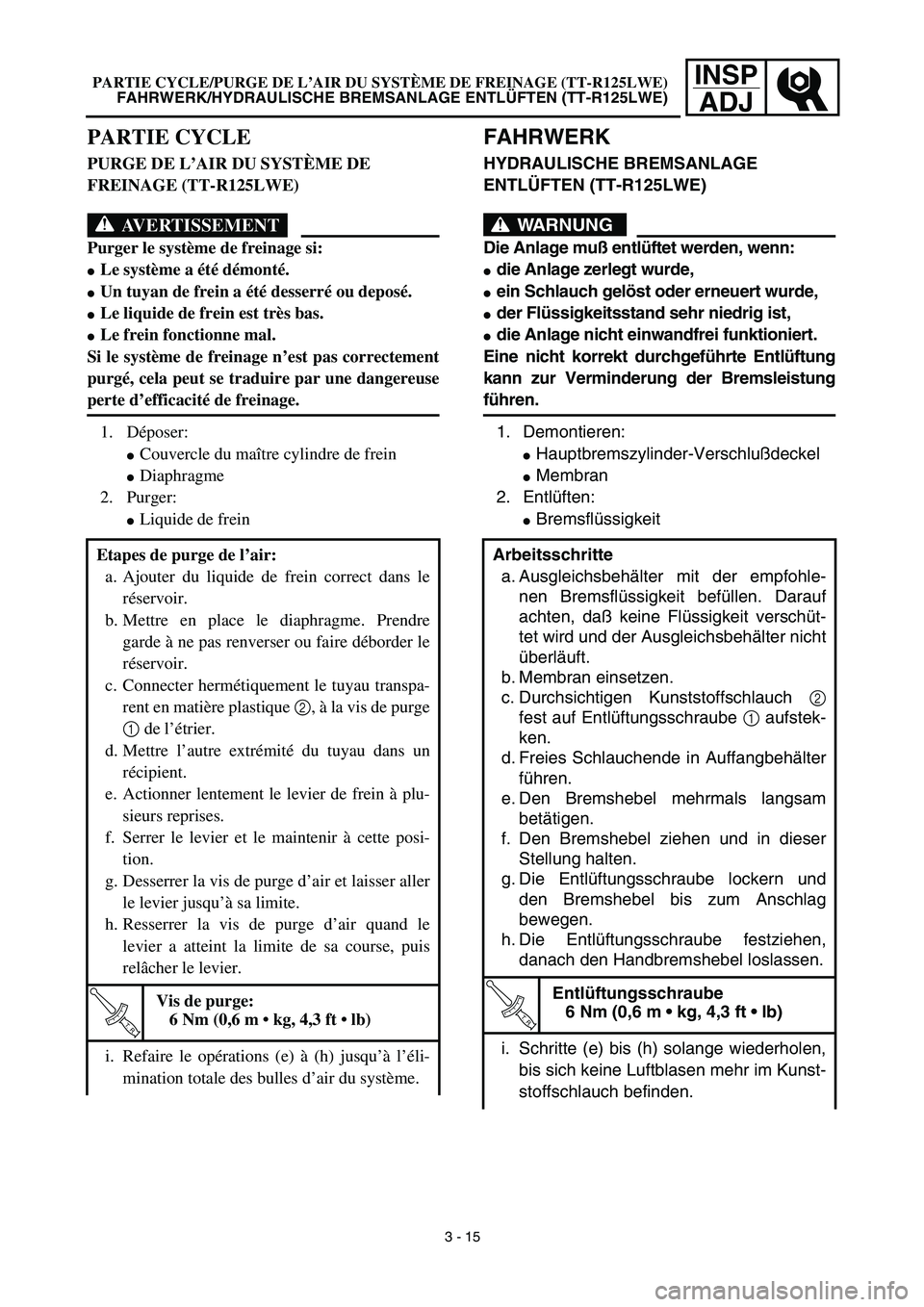 YAMAHA TTR125 2003  Owners Manual INSP
ADJ
FAHRWERK
HYDRAULISCHE BREMSANLAGE 
ENTLÜFTEN (TT-R125LWE)
WARNUNG
Die Anlage muß entlüftet werden, wenn:
die Anlage zerlegt wurde,
ein Schlauch gelöst oder erneuert wurde,
der Flüssig