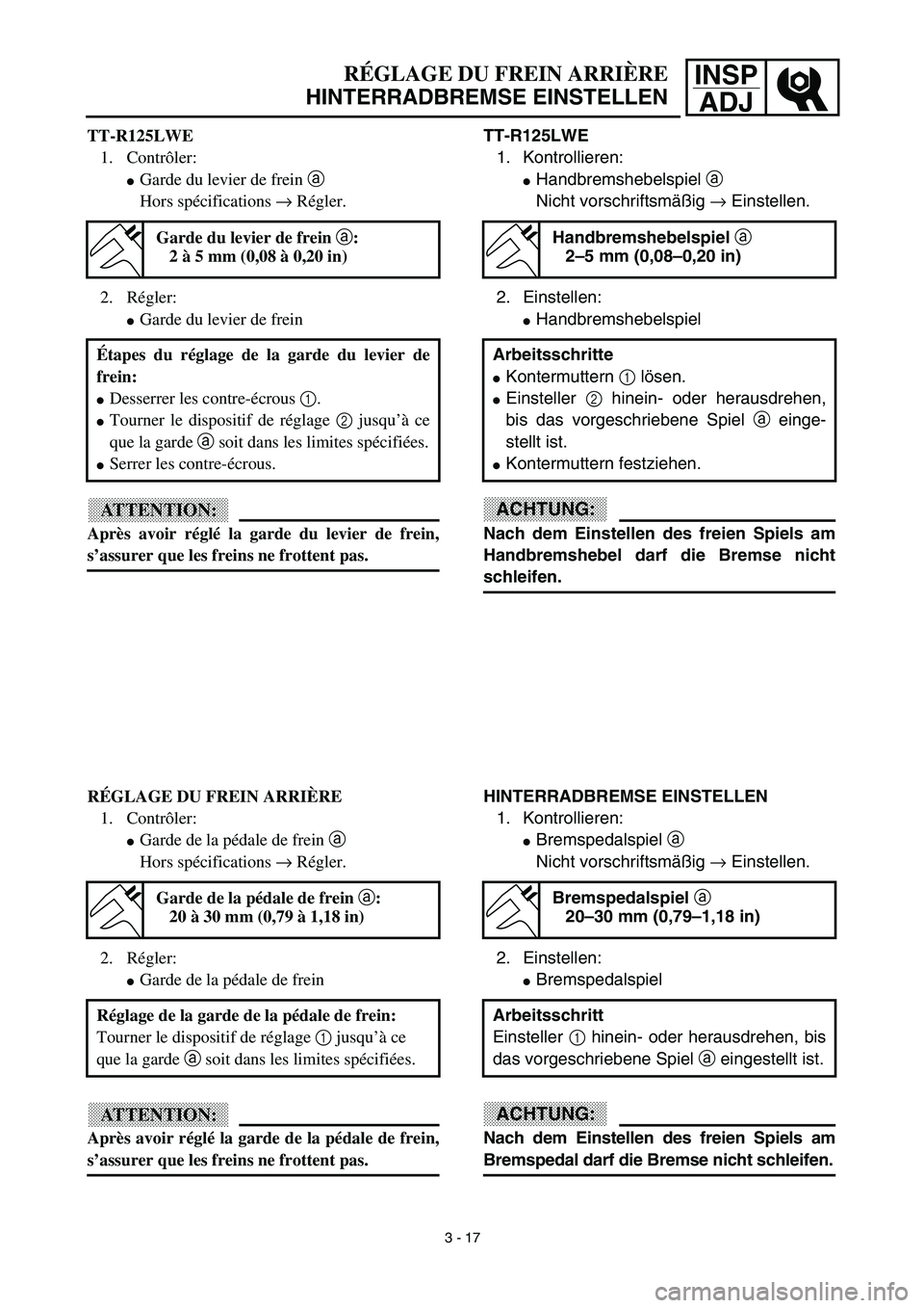 YAMAHA TTR125 2003  Owners Manual INSP
ADJRÉGLAGE DU FREIN ARRIÈRE
HINTERRADBREMSE EINSTELLEN
TT-R125LWE
1. Kontrollieren:
Handbremshebelspiel a 
Nicht vorschriftsmäßig → Einstellen.
2. Einstellen:
Handbremshebelspiel
ACHTUNG: