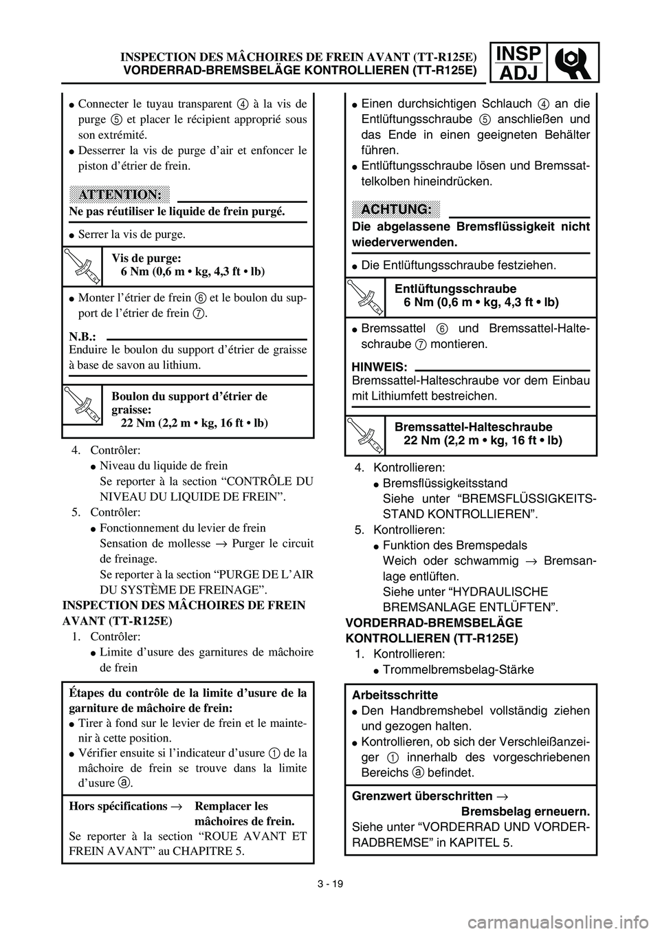 YAMAHA TTR125 2003  Owners Manual INSP
ADJINSPECTION DES MÂCHOIRES DE FREIN AVANT (TT-R125E)
VORDERRAD-BREMSBELÄGE KONTROLLIEREN (TT-R125E)
4. Kontrollieren:
Bremsflüssigkeitsstand
Siehe unter “BREMSFLÜSSIGKEITS-
STAND KONTROLL