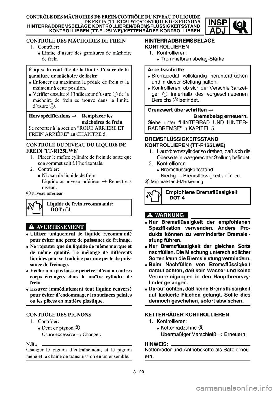 YAMAHA TTR125 2003  Owners Manual INSP
ADJ
CONTRÔLE DES MÂCHOIRES DE FREIN/CONTRÔLE DU NIVEAU DU LIQUIDE
DE FREIN (TT-R125LWE)/CONTRÔLE DES PIGNONS
HINTERRADBREMSBELÄGE KONTROLLIEREN/BREMSFLÜSSIGKEITSSTAND
KONTROLLIEREN (TT-R125