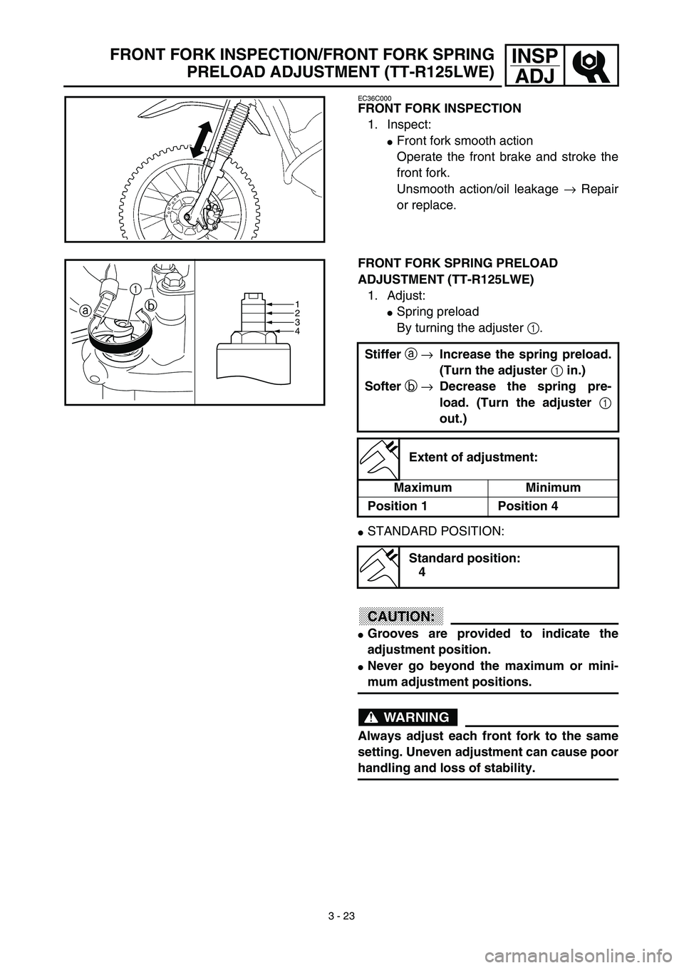 YAMAHA TTR125 2003  Owners Manual 3 - 23
INSP
ADJFRONT FORK INSPECTION/FRONT FORK SPRING
PRELOAD ADJUSTMENT (TT-R125LWE)
EC36C000
FRONT FORK INSPECTION
1. Inspect:
Front fork smooth action
Operate the front brake and stroke the
front