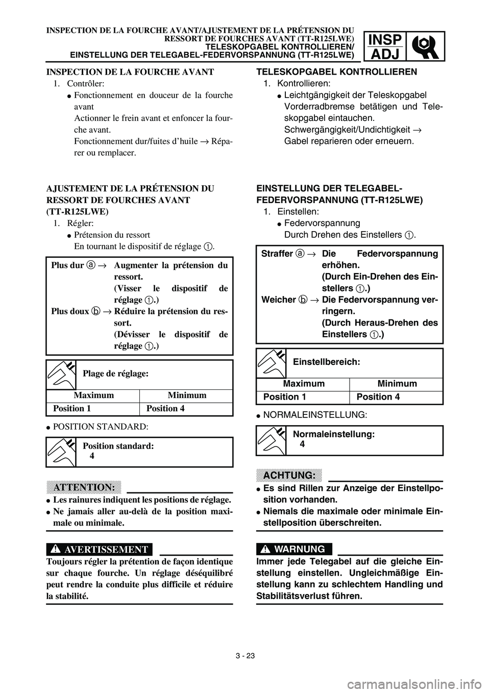 YAMAHA TTR125 2003  Owners Manual INSP
ADJ
TELESKOPGABEL KONTROLLIEREN
1. Kontrollieren:
Leichtgängigkeit der Teleskopgabel
Vorderradbremse betätigen und Tele-
skopgabel eintauchen.
Schwergängigkeit/Undichtigkeit → 
Gabel repari