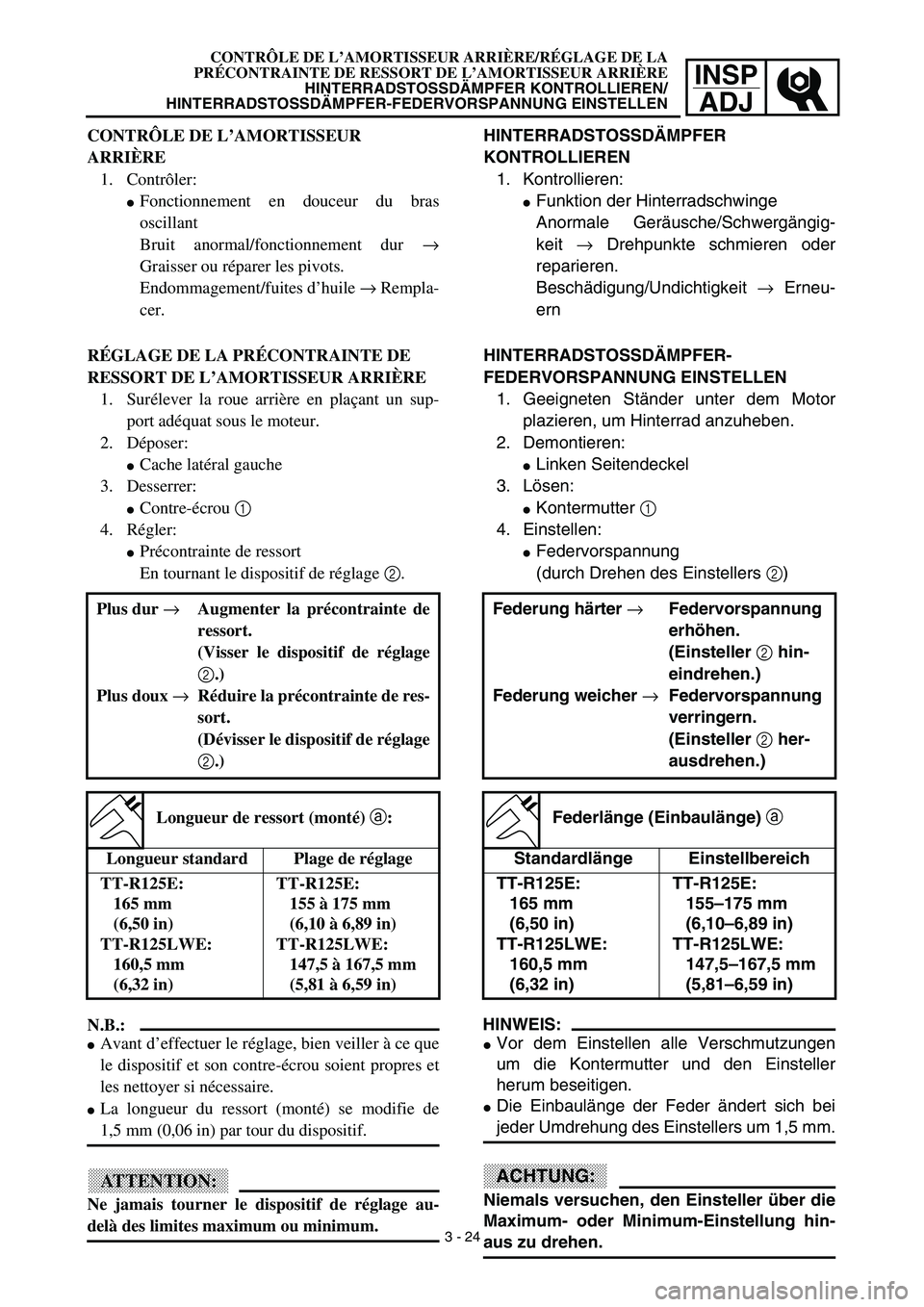YAMAHA TTR125 2003  Owners Manual INSP
ADJ
CONTRÔLE DE L’AMORTISSEUR ARRIÈRE/RÉGLAGE DE LA
PRÉCONTRAINTE DE RESSORT DE L’AMORTISSEUR ARRIÈRE
HINTERRADSTOSSDÄMPFER KONTROLLIEREN/
HINTERRADSTOSSDÄMPFER-FEDERVORSPANNUNG EINSTE