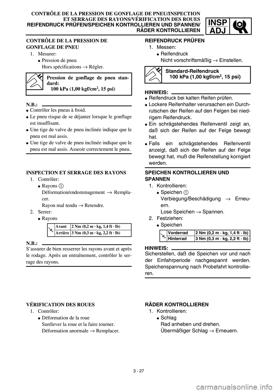 YAMAHA TTR125 2003  Owners Manual INSP
ADJ
CONTRÔLE DE LA PRESSION DE GONFLAGE DE PNEU/INSPECTION
ET SERRAGE DES RAYONS/VÉRIFICATION DES ROUES
REIFENDRUCK PRÜFEN/SPEICHEN KONTROLLIEREN UND SPANNEN/
RÄDER KONTROLLIEREN
REIFENDRUCK 
