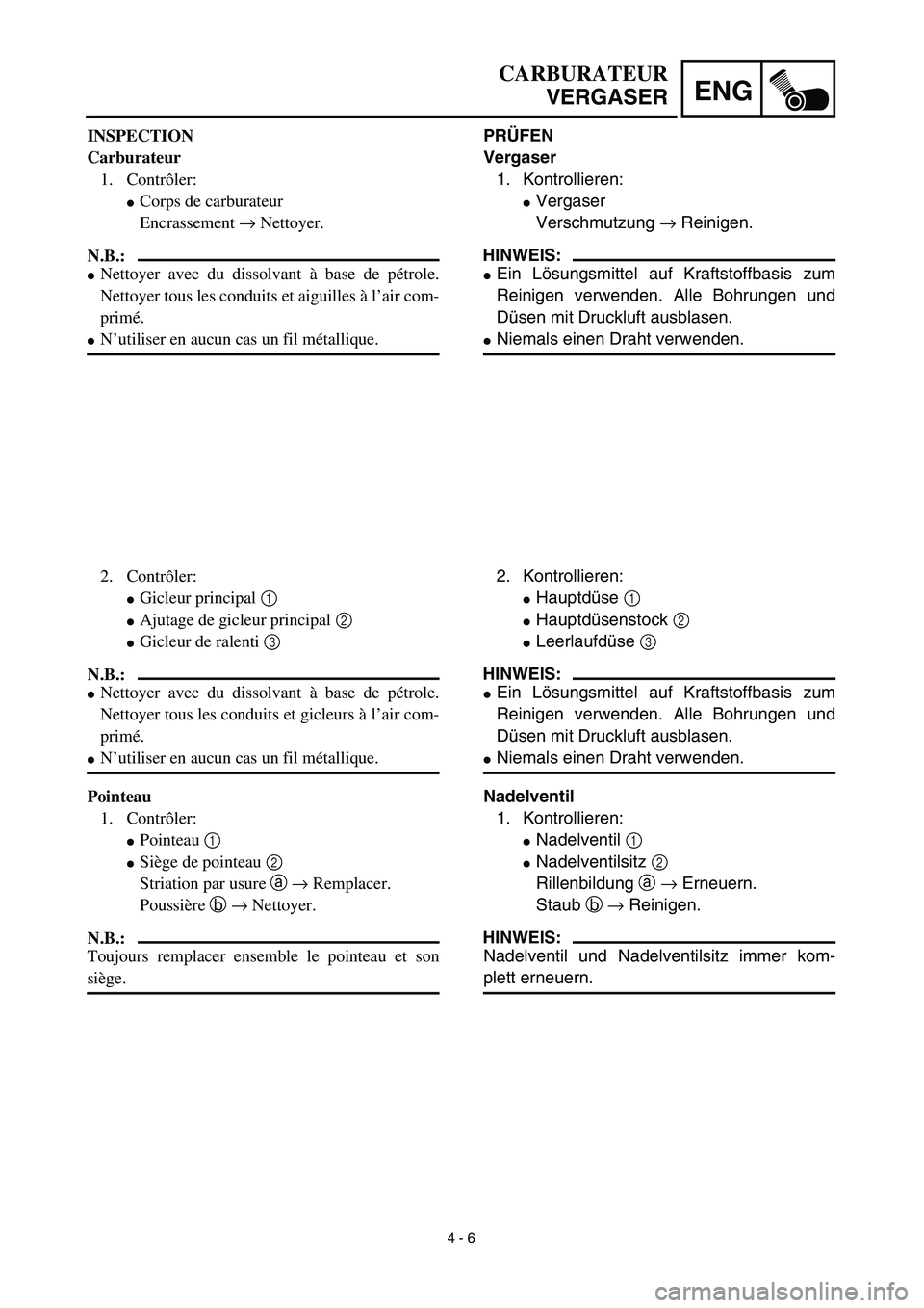 YAMAHA TTR125 2003  Owners Manual 4 - 6
ENG
CARBURATEUR
VERGASER
PRÜFEN
Vergaser
1. Kontrollieren:
Vergaser
Verschmutzung → Reinigen.
HINWEIS:
Ein Lösungsmittel auf Kraftstoffbasis zum
Reinigen verwenden. Alle Bohrungen und
Düs