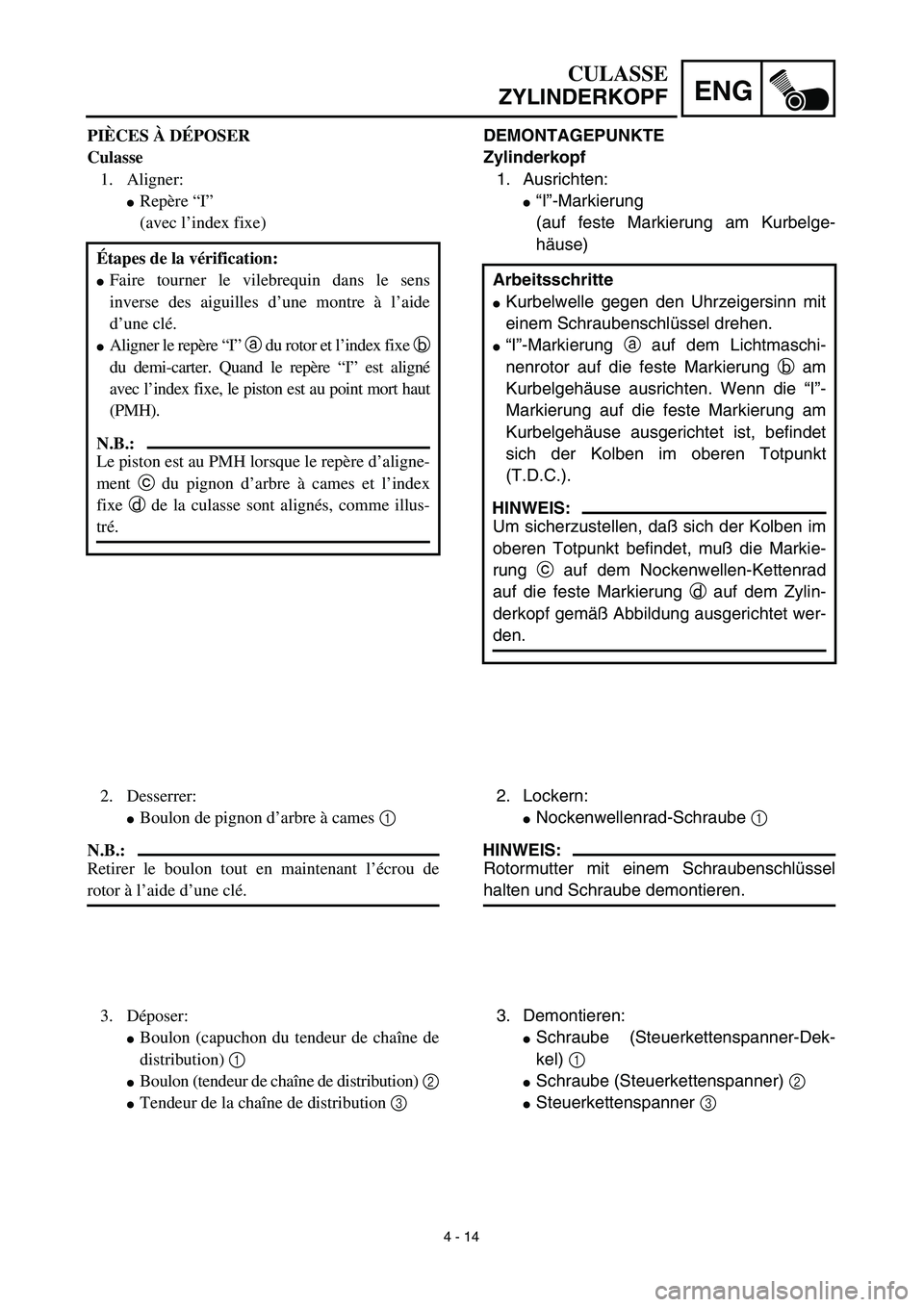 YAMAHA TTR125 2003  Owners Manual 4 - 14
ENG
CULASSE
ZYLINDERKOPF
DEMONTAGEPUNKTE
Zylinderkopf
1. Ausrichten:
“I”-Markierung
(auf feste Markierung am Kurbelge-
häuse)
Arbeitsschritte
Kurbelwelle gegen den Uhrzeigersinn mit
eine
