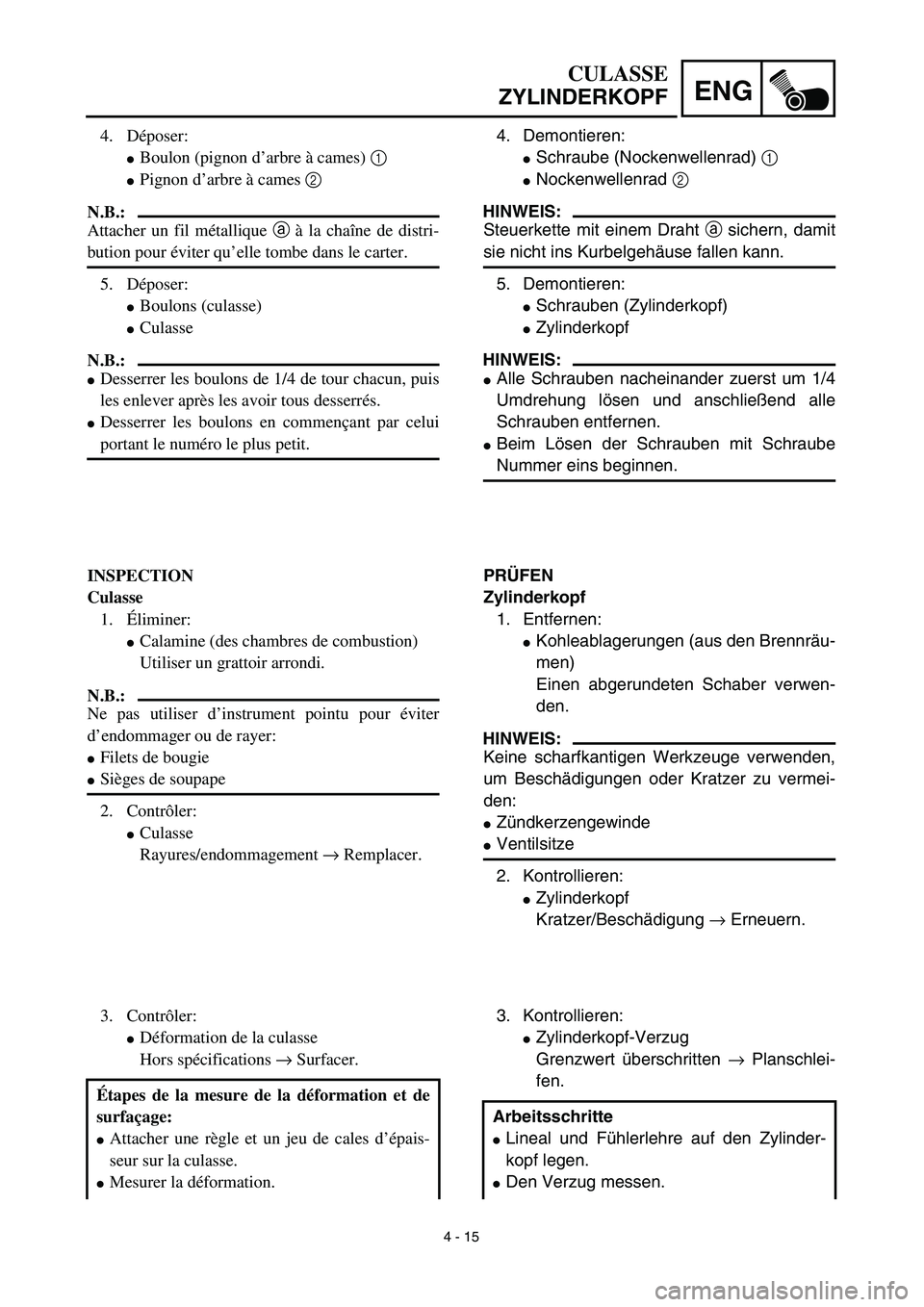 YAMAHA TTR125 2003  Owners Manual 4 - 15
ENG
CULASSE
ZYLINDERKOPF
4. Demontieren:
Schraube (Nockenwellenrad) 1 
Nockenwellenrad 2 
HINWEIS:
Steuerkette mit einem Draht a sichern, damit
sie nicht ins Kurbelgehäuse fallen kann.
5. De