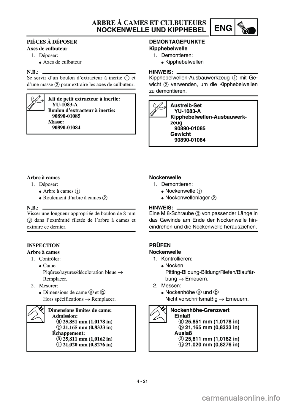 YAMAHA TTR125 2003  Owners Manual 4 - 21
ENG
ARBRE À CAMES ET CULBUTEURS
NOCKENWELLE UND KIPPHEBEL
DEMONTAGEPUNKTE
Kipphebelwelle
1. Demontieren:
Kipphebelwellen
HINWEIS:
Kipphebelwellen-Ausbauwerkzeug 1 mit Ge-
wicht 2 verwenden, u
