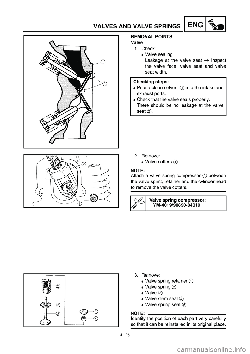 YAMAHA TTR125 2003  Owners Manual 4 - 25
ENGVALVES AND VALVE SPRINGS
REMOVAL POINTS
Valve
1. Check:
Valve sealing
Leakage at the valve seat → Inspect
the valve face, valve seat and valve
seat width.
Checking steps:
Pour a clean so