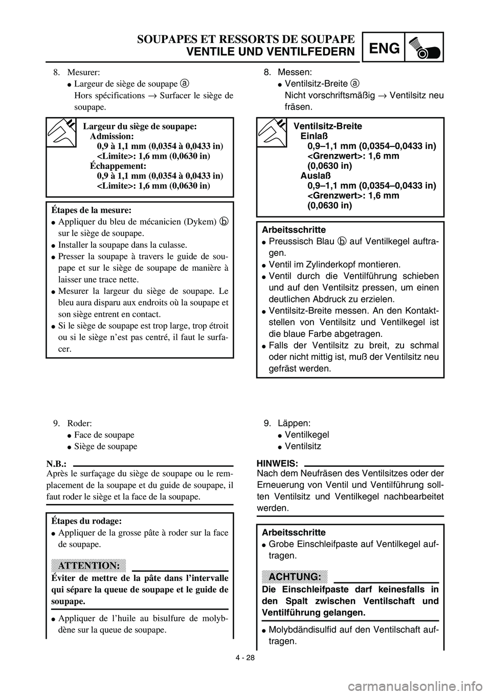 YAMAHA TTR125 2003  Owners Manual 4 - 28
ENG
SOUPAPES ET RESSORTS DE SOUPAPE
VENTILE UND VENTILFEDERN
8. Messen:
Ventilsitz-Breite a 
Nicht vorschriftsmäßig → Ventilsitz neu
fräsen.
Ventilsitz-Breite
Einlaß
0,9–1,1 mm (0,0354