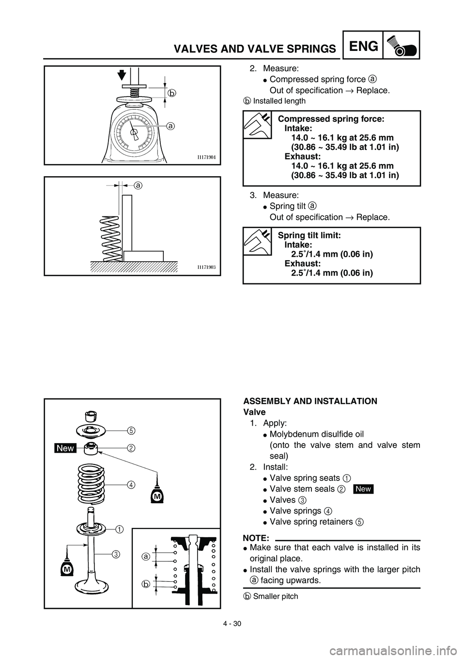 YAMAHA TTR125 2003  Owners Manual 4 - 30
ENGVALVES AND VALVE SPRINGS
2. Measure:
Compressed spring force a 
Out of specification → Replace.
bInstalled length
3. Measure:
Spring tilt a 
Out of specification → Replace.
Compressed 