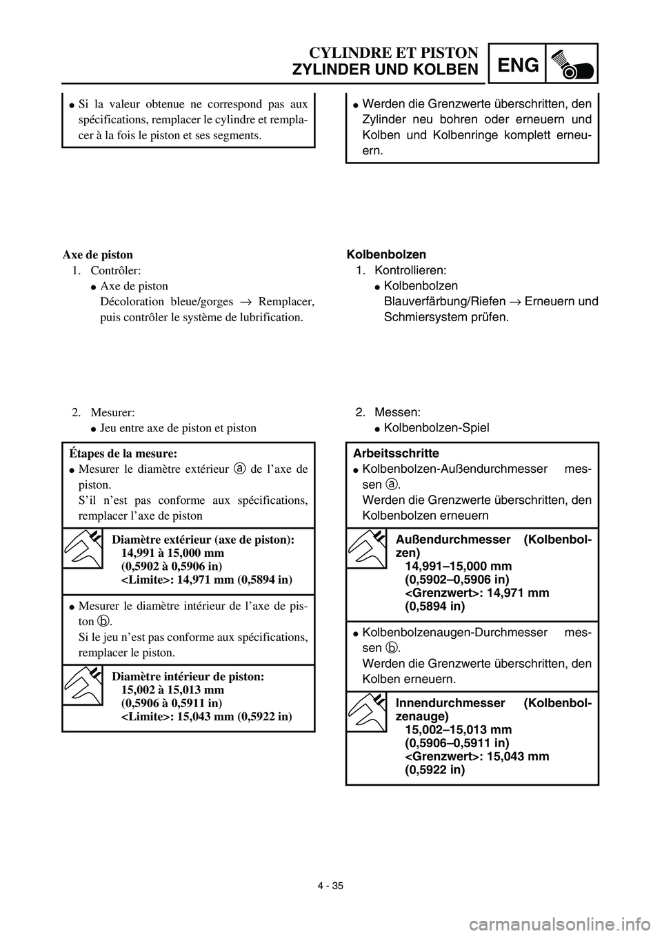 YAMAHA TTR125 2003  Owners Manual 4 - 35
ENG
CYLINDRE ET PISTON
ZYLINDER UND KOLBEN
Werden die Grenzwerte überschritten, den
Zylinder neu bohren oder erneuern und
Kolben und Kolbenringe komplett erneu-
ern. 
Kolbenbolzen
1. Kontroll