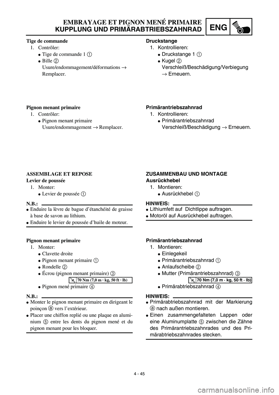 YAMAHA TTR125 2003  Owners Manual 4 - 45
ENG
EMBRAYAGE ET PIGNON MENÉ PRIMAIRE
KUPPLUNG UND PRIMÄRABTRIEBSZAHNRAD
Druckstange
1. Kontrollieren:
Druckstange 1 1 
Kugel 2 
Verschleiß/Beschädigung/Verbiegung
→ Erneuern.
Primäran