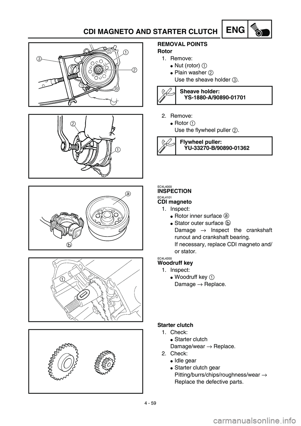 YAMAHA TTR125 2003  Owners Manual 4 - 59
ENGCDI MAGNETO AND STARTER CLUTCH
REMOVAL POINTS
Rotor
1. Remove:
Nut (rotor) 1 
Plain washer 2 
Use the sheave holder 3.
Sheave holder:
YS-1880-A/90890-01701
2. Remove:
Rotor 1 
Use the fly