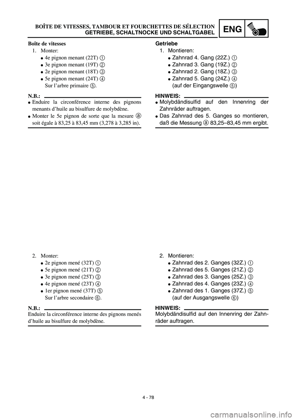 YAMAHA TTR125 2003  Owners Manual 4 - 78
ENG
Getriebe
1. Montieren:
Zahnrad 4. Gang (22Z.) 1 
Zahnrad 3. Gang (19Z.) 2 
Zahnrad 2. Gang (18Z.) 3 
Zahnrad 5. Gang (24Z.) 4 
(auf der Eingangswelle 5)
HINWEIS:
Molybdändisulfid auf 