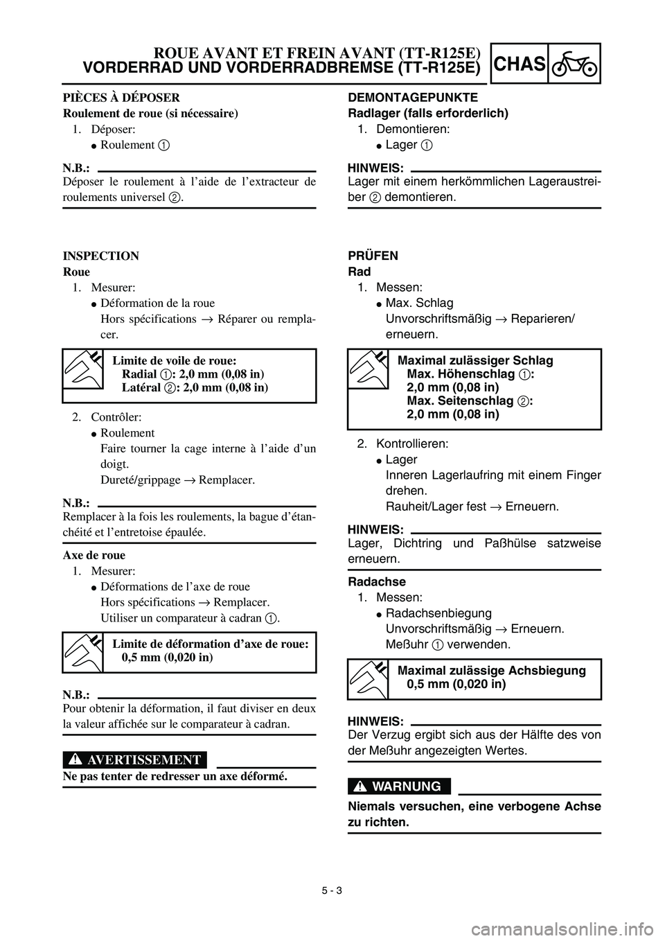 YAMAHA TTR125 2003  Owners Manual  
5 - 3
CHAS
 
DEMONTAGEPUNKTE
Radlager (falls erforderlich)  
1. Demontieren: 
 
Lager   
1  
 
HINWEIS:
 
Lager mit einem herkömmlichen Lageraustrei- 
ber   
2  
 demontieren.  
PRÜFEN
Rad  
1. M