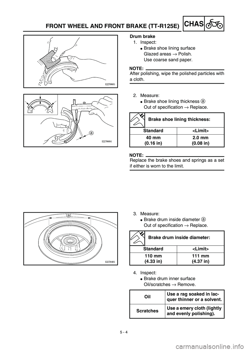 YAMAHA TTR125 2003  Owners Manual  
5 - 4
CHAS
 
FRONT WHEEL AND FRONT BRAKE (TT-R125E) 
Drum brake  
1. Inspect: 
 
Brake shoe lining surface 
Glazed areas   
→  
 Polish.
Use coarse sand paper.
NOTE:
 
After polishing, wipe the p
