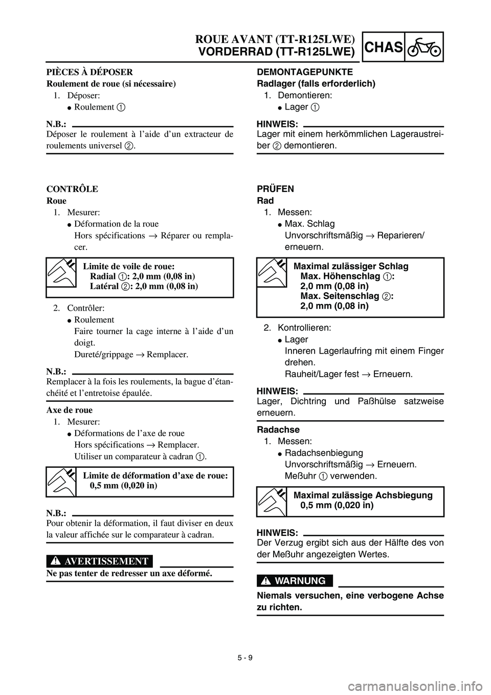 YAMAHA TTR125 2003  Owners Manual 5 - 9
CHAS
ROUE AVANT (TT-R125LWE)
VORDERRAD (TT-R125LWE)
DEMONTAGEPUNKTE
Radlager (falls erforderlich)
1. Demontieren:
Lager 1 
HINWEIS:
Lager mit einem herkömmlichen Lageraustrei-
ber 2 demontiere