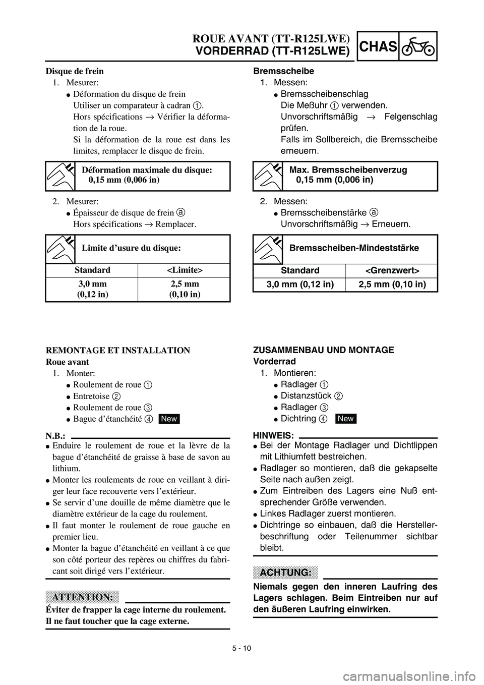 YAMAHA TTR125 2003  Owners Manual 5 - 10
CHAS
ROUE AVANT (TT-R125LWE)
VORDERRAD (TT-R125LWE)
Bremsscheibe
1. Messen:
Bremsscheibenschlag
Die Meßuhr 1 verwenden.
Unvorschriftsmäßig → Felgenschlag
prüfen.
Falls im Sollbereich, di