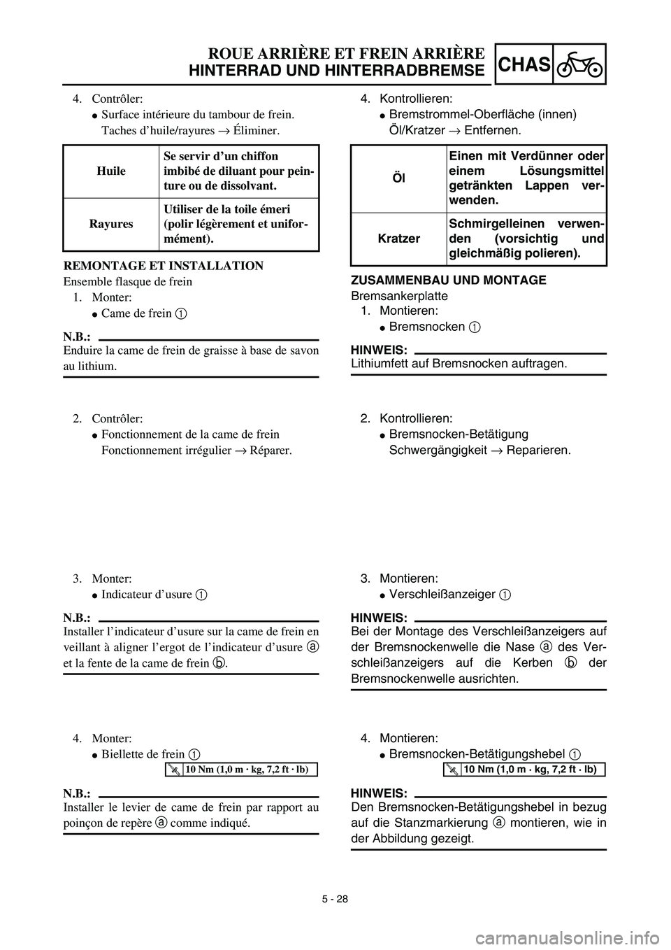 YAMAHA TTR125 2003  Owners Manual 5 - 28
CHAS
4. Kontrollieren:
Bremstrommel-Oberfläche (innen)
Öl/Kratzer → Entfernen.
ZUSAMMENBAU UND MONTAGE
Bremsankerplatte
1. Montieren:
Bremsnocken 1 
HINWEIS:
Lithiumfett auf Bremsnocken a