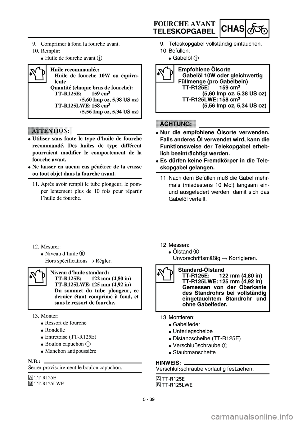 YAMAHA TTR125 2003  Owners Manual 5 - 39
CHAS
9. Teleskopgabel vollständig eintauchen.
10. Befüllen:
Gabelöl 1 
ACHTUNG:
Nur die empfohlene Ölsorte verwenden.
Falls anderes Öl verwendet wird, kann die
Funktionsweise der Telekop