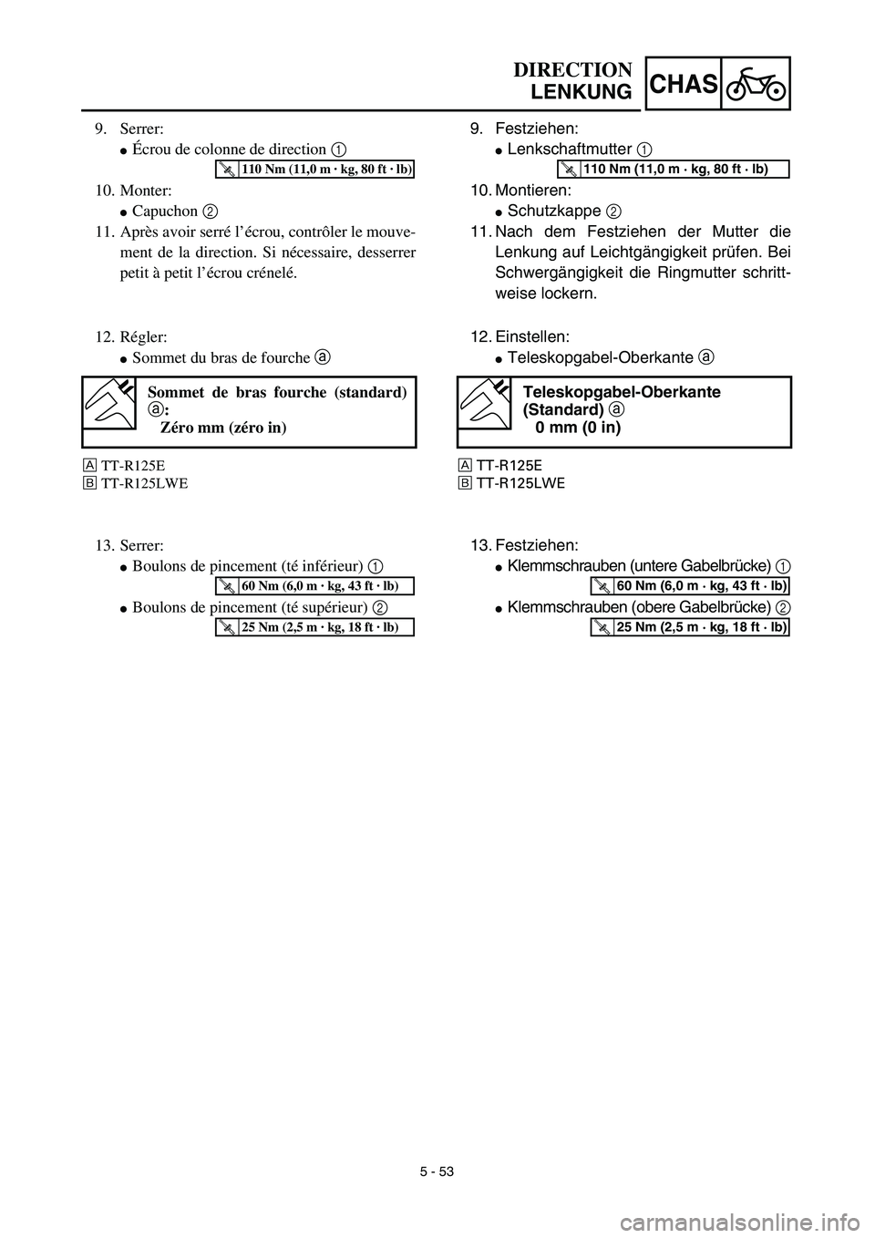 YAMAHA TTR125 2003  Owners Manual 5 - 53
CHAS
9. Festziehen:
Lenkschaftmutter 1 
10. Montieren:
Schutzkappe 2 
11. Nach dem Festziehen der Mutter die
Lenkung auf Leichtgängigkeit prüfen. Bei
Schwergängigkeit die Ringmutter schrit