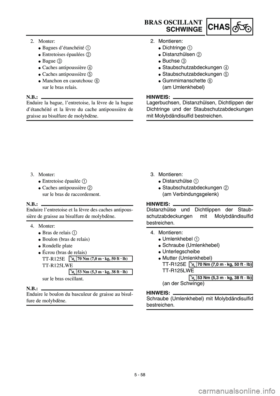 YAMAHA TTR125 2003  Owners Manual 5 - 58
CHAS
2. Montieren:
Dichtringe 1
Distanzhülsen 2
Buchse 3
Staubschutzabdeckungen 4
Staubschutzabdeckungen 5
Gummimanschette 6
(am Umlenkhebel)
HINWEIS:
Lagerbuchsen, Distanzhülsen, Dicht