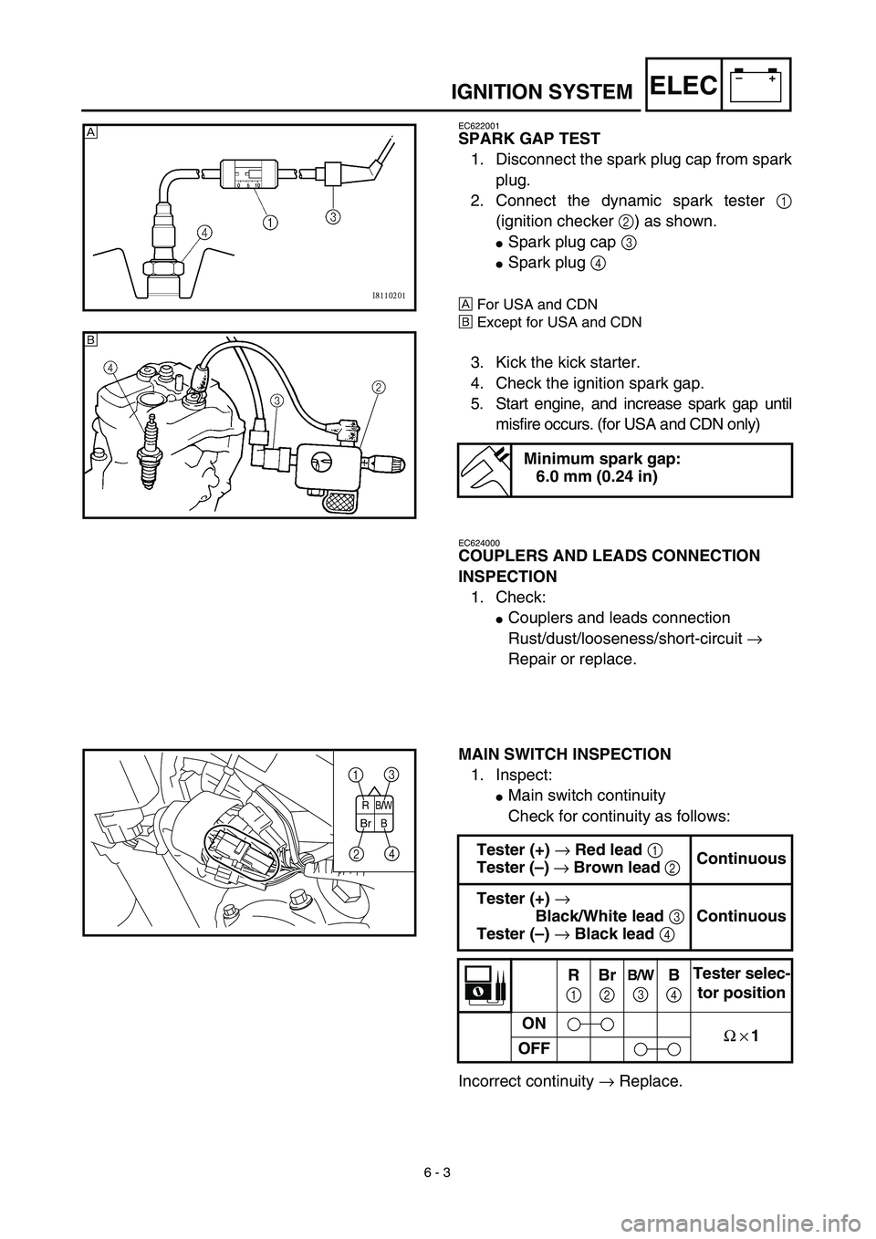 YAMAHA TTR125 2003  Owners Manual  
6 - 3
–+ELEC
 
IGNITION SYSTEM 
EC622001 
SPARK GAP TEST 
1. Disconnect the spark plug cap from spark
plug.
2. Connect the dynamic spark tester  
1  
(ignition checker  
2  
) as shown. 
 
Spark 