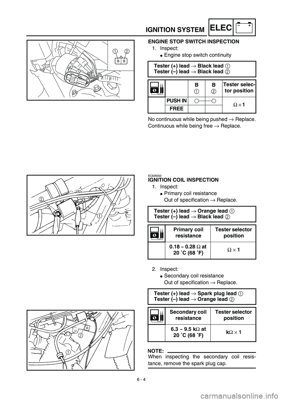 YAMAHA TTR125 2003  Owners Manual 6 - 4
–+ELECIGNITION SYSTEM
ENGINE STOP SWITCH INSPECTION
1. Inspect:
Engine stop switch continuity
No continuous while being pushed → Replace.
Continuous while being free → Replace. Tester (+)
