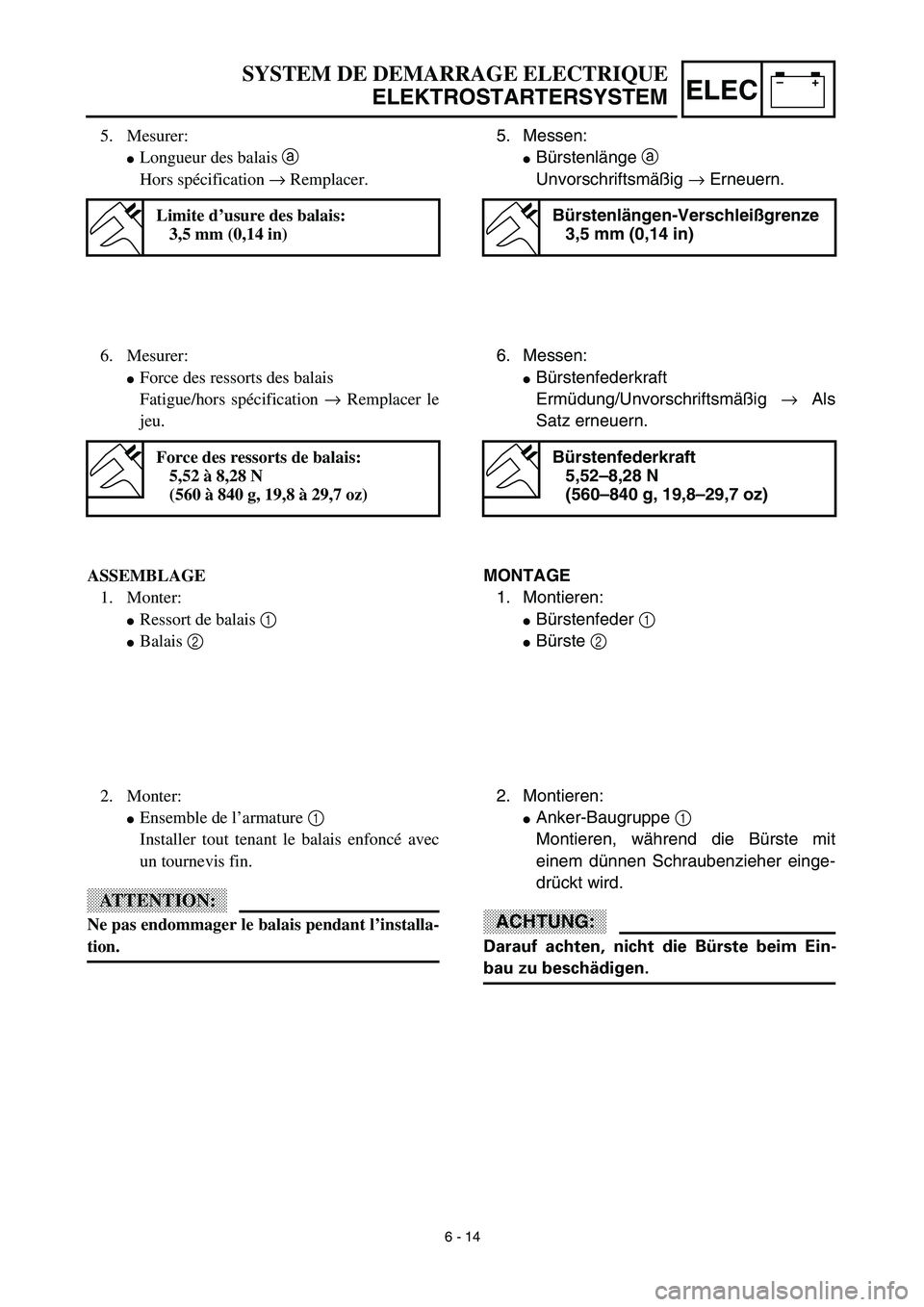 YAMAHA TTR125 2003  Owners Manual –+ELEC
SYSTEM DE DEMARRAGE ELECTRIQUE
ELEKTROSTARTERSYSTEM
5. Messen:
Bürstenlänge a 
Unvorschriftsmäßig → Erneuern.
Bürstenlängen-Verschleißgrenze
3,5 mm (0,14 in)
6. Messen:
Bürstenfed