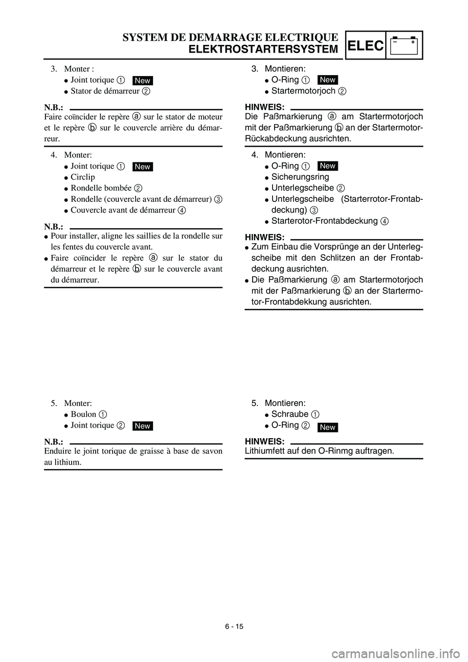 YAMAHA TTR125 2003  Owners Manual –+ELEC
3. Montieren:
O-Ring 1 
Startermotorjoch 2 
HINWEIS:
Die Paßmarkierung a am Startermotorjoch
mit der Paßmarkierung b an der Startermotor-
Rückabdeckung ausrichten.
4. Montieren:
O-Ring 