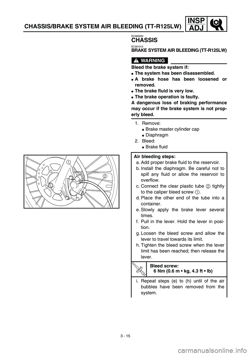 YAMAHA TTR125 2003  Betriebsanleitungen (in German) 3 - 15
INSP
ADJ
EC360000
CHASSIS
EC361012
BRAKE SYSTEM AIR BLEEDING (TT-R125LW)
WARNING
Bleed the brake system if:
The system has been disassembled.
A brake hose has been loosened or
removed.
The b