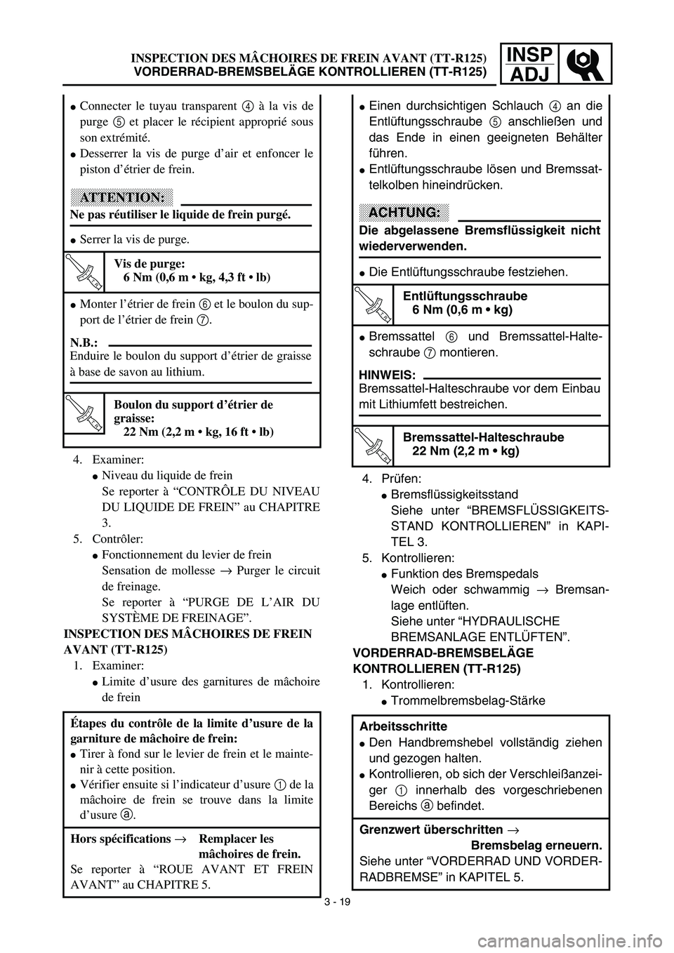 YAMAHA TTR125 2003  Betriebsanleitungen (in German) INSP
ADJINSPECTION DES MÂCHOIRES DE FREIN AVANT (TT-R125)
VORDERRAD-BREMSBELÄGE KONTROLLIEREN (TT-R125)
4. Prüfen:
Bremsflüssigkeitsstand
Siehe unter “BREMSFLÜSSIGKEITS-
STAND KONTROLLIEREN”