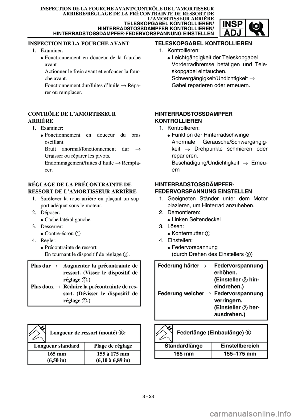 YAMAHA TTR125 2003  Betriebsanleitungen (in German) INSP
ADJ
TELESKOPGABEL KONTROLLIEREN
1. Kontrollieren:
Leichtgängigkeit der Teleskopgabel
Vorderradbremse betätigen und Tele-
skopgabel eintauchen.
Schwergängigkeit/Undichtigkeit → 
Gabel repari