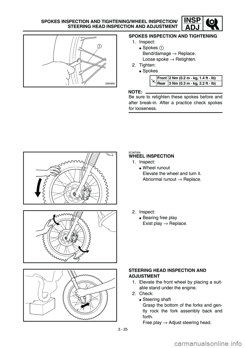 YAMAHA TTR125 2003  Betriebsanleitungen (in German) 3 - 25
INSP
ADJSPOKES INSPECTION AND TIGHTENING/WHEEL INSPECTION/
STEERING HEAD INSPECTION AND ADJUSTMENT
SPOKES INSPECTION AND TIGHTENING
1. Inspect:
Spokes 1 
Bend/damage → Replace.
Loose spoke 
