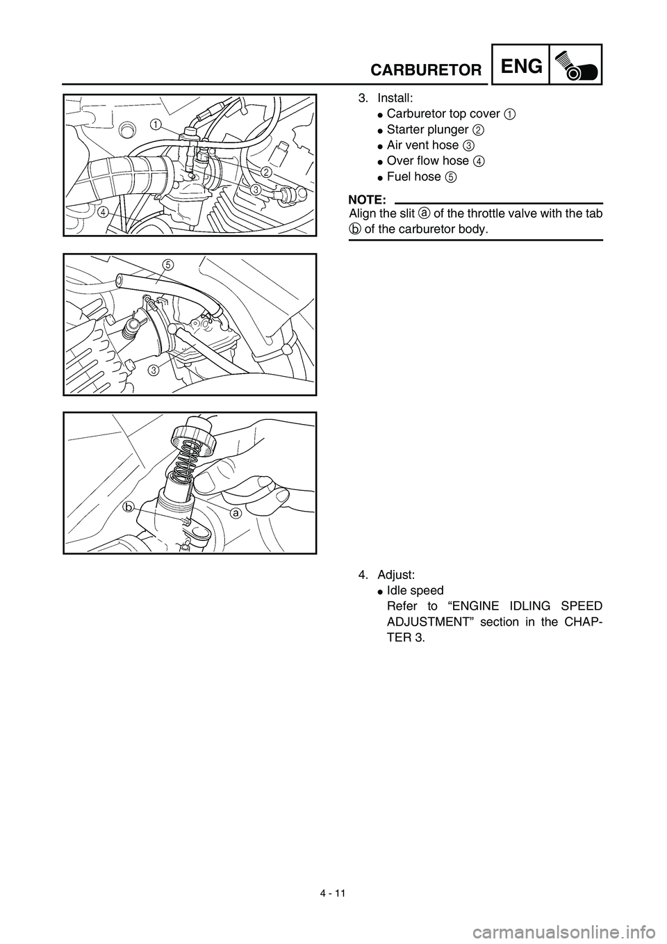 YAMAHA TTR125 2003  Betriebsanleitungen (in German) 4 - 11
ENGCARBURETOR
3. Install:
Carburetor top cover 1 
Starter plunger 2 
Air vent hose 3 
Over flow hose 4 
Fuel hose 5 
NOTE:
Align the slit a of the throttle valve with the tab
b of the carb