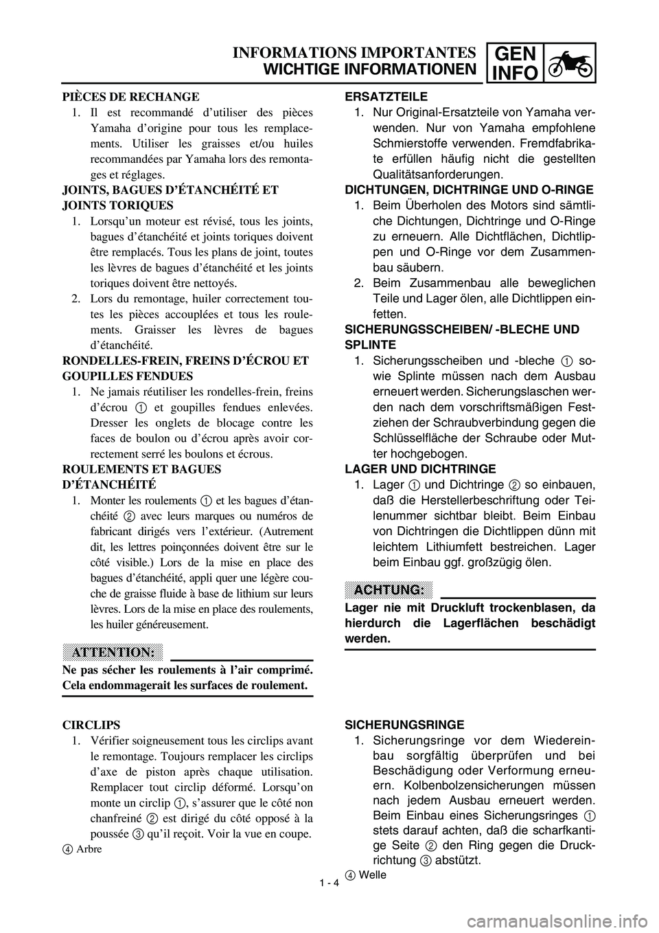 YAMAHA TTR125 2003  Notices Demploi (in French) GEN
INFOINFORMATIONS IMPORTANTES
WICHTIGE INFORMATIONEN
ERSATZTEILE
1. Nur Original-Ersatzteile von Yamaha ver-
wenden. Nur von Yamaha empfohlene
Schmierstoffe verwenden. Fremdfabrika-
te erfüllen h