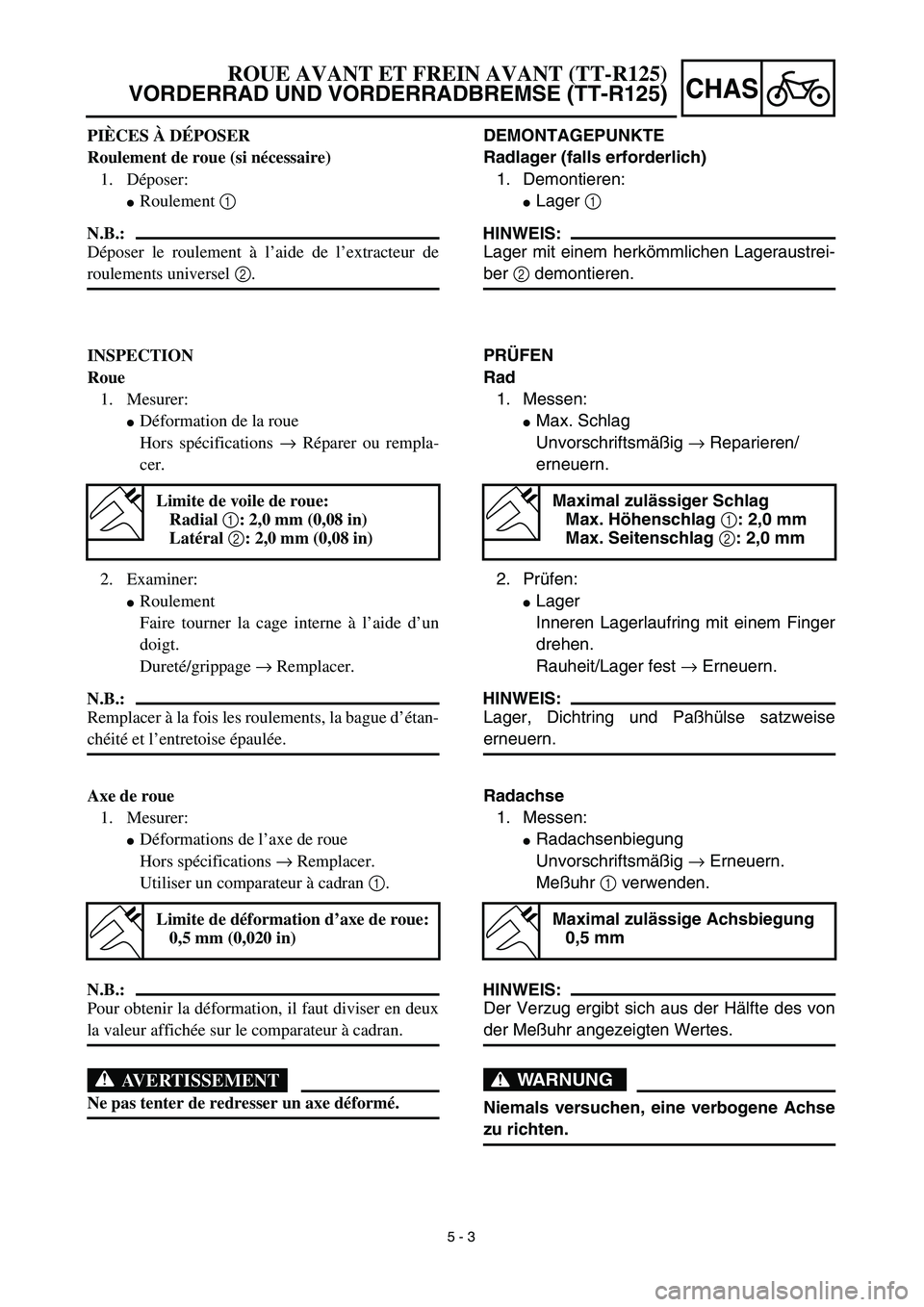 YAMAHA TTR125 2003  Notices Demploi (in French)  
5 - 3
CHAS
 
DEMONTAGEPUNKTE
Radlager (falls erforderlich)  
1. Demontieren: 
 
Lager   
1  
 
HINWEIS:
 
Lager mit einem herkömmlichen Lageraustrei- 
ber   
2  
 demontieren.  
PRÜFEN
Rad  
1. M