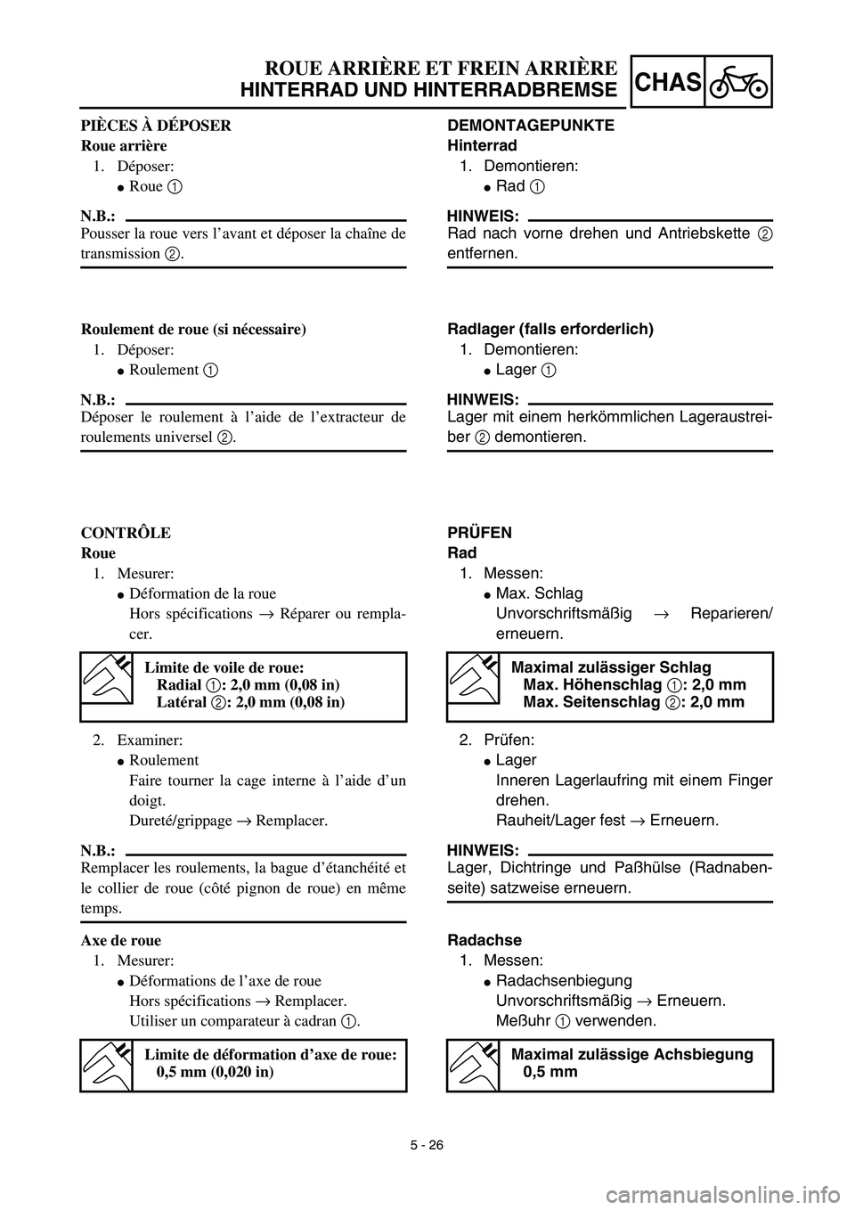 YAMAHA TTR125 2003  Notices Demploi (in French) 5 - 26
CHAS
ROUE ARRIÈRE ET FREIN ARRIÈRE
HINTERRAD UND HINTERRADBREMSE
DEMONTAGEPUNKTE
Hinterrad
1. Demontieren:
Rad 1 
HINWEIS:
Rad nach vorne drehen und Antriebskette 2
entfernen.
Radlager (fall