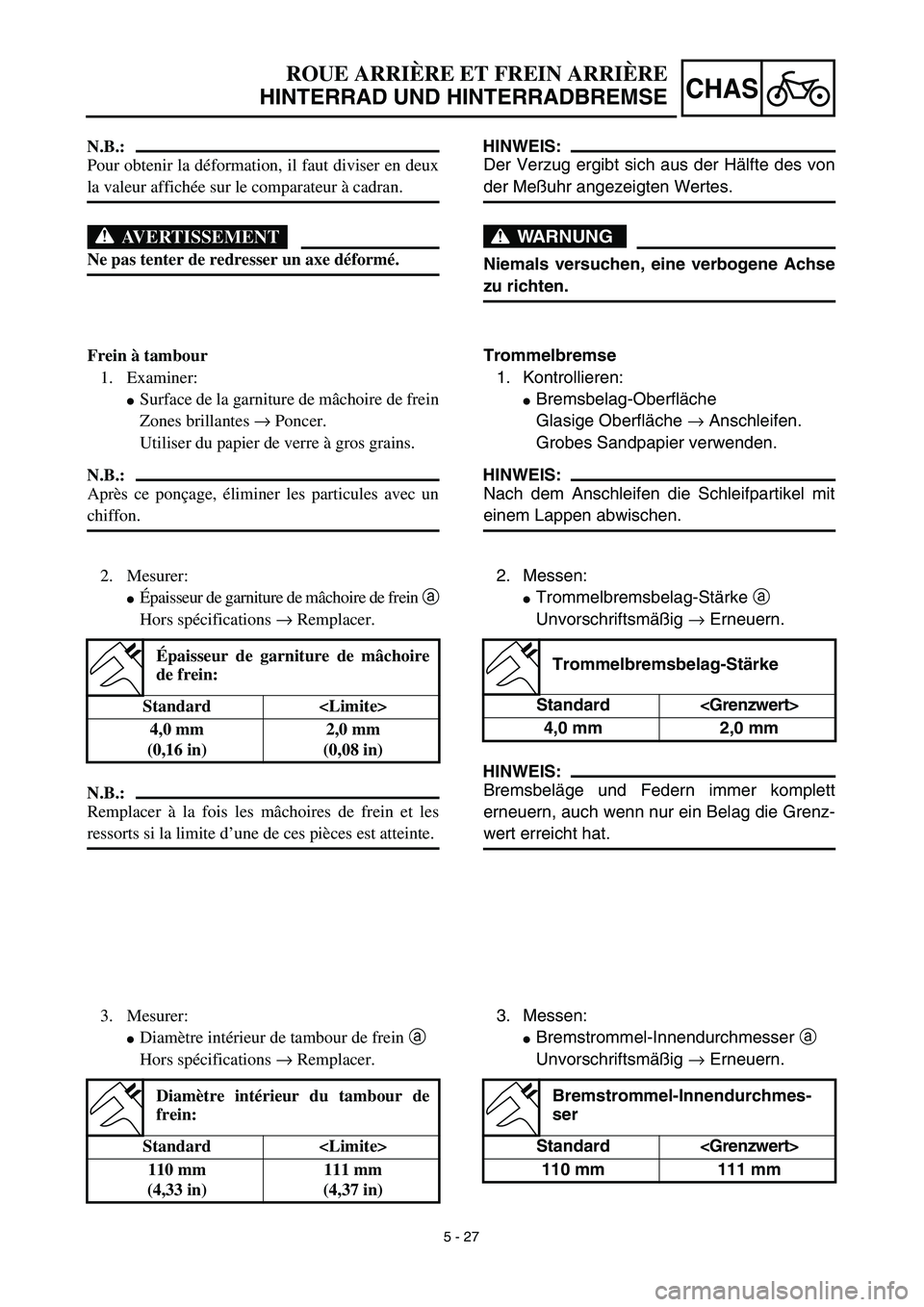 YAMAHA TTR125 2003  Notices Demploi (in French) 5 - 27
CHAS
ROUE ARRIÈRE ET FREIN ARRIÈRE
HINTERRAD UND HINTERRADBREMSE
HINWEIS:
Der Verzug ergibt sich aus der Hälfte des von
der Meßuhr angezeigten Wertes.
WARNUNG
Niemals versuchen, eine verbog