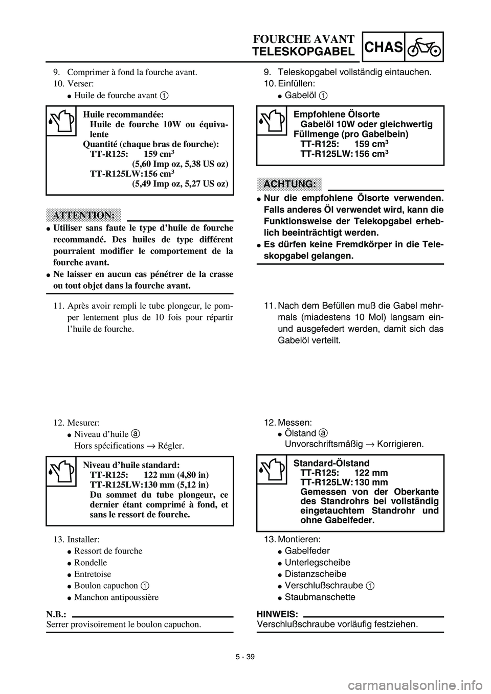 YAMAHA TTR125 2003  Notices Demploi (in French) 5 - 39
CHAS
9. Teleskopgabel vollständig eintauchen.
10. Einfüllen:
Gabelöl 1 
ACHTUNG:
Nur die empfohlene Ölsorte verwenden.
Falls anderes Öl verwendet wird, kann die
Funktionsweise der Teleko