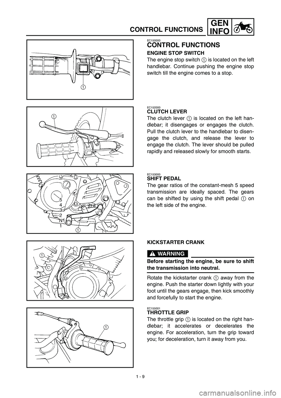 YAMAHA TTR125 2003 Notices Demploi (in French) 1 - 9
GEN
INFO
CONTROL FUNCTIONS
EC150000
CONTROL FUNCTIONS
ENGINE STOP SWITCH
The engine stop switch 1 is located on the left
handlebar. Continue pushing the engine stop
switch till the engine comes YAMAHA TTR125 2003 Notices Demploi (in French) 1 - 9
GEN
INFO
CONTROL FUNCTIONS
EC150000
CONTROL FUNCTIONS
ENGINE STOP SWITCH
The engine stop switch 1 is located on the left
handlebar. Continue pushing the engine stop
switch till the engine comes