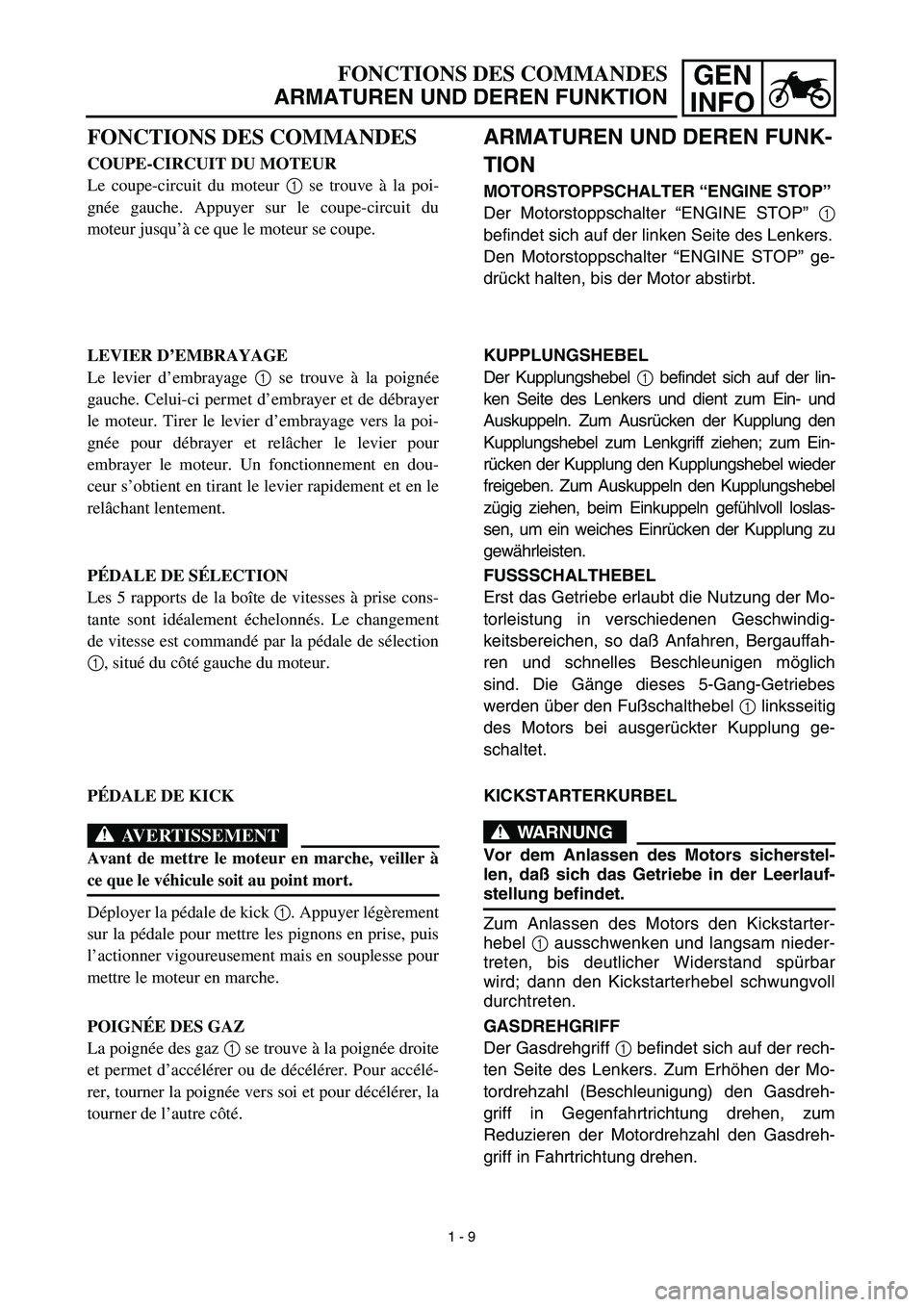 YAMAHA TTR125 2003 Notices Demploi (in French) GEN
INFOFONCTIONS DES COMMANDES
ARMATUREN UND DEREN FUNKTION
ARMATUREN UND DEREN FUNK-
TION
MOTORSTOPPSCHALTER “ENGINE STOP”
Der Motorstoppschalter “ENGINE STOP” 1
befindet sich auf der linken YAMAHA TTR125 2003 Notices Demploi (in French) GEN
INFOFONCTIONS DES COMMANDES
ARMATUREN UND DEREN FUNKTION
ARMATUREN UND DEREN FUNK-
TION
MOTORSTOPPSCHALTER “ENGINE STOP”
Der Motorstoppschalter “ENGINE STOP” 1
befindet sich auf der linken