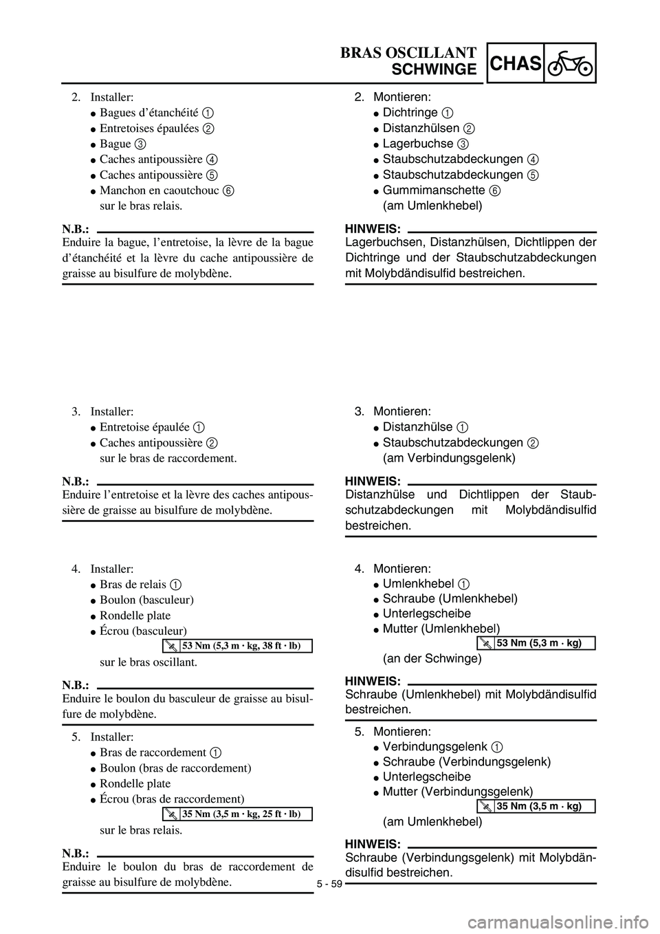 YAMAHA TTR125 2003  Betriebsanleitungen (in German) 5 - 59
CHAS
2. Montieren:
Dichtringe 1
Distanzhülsen 2
Lagerbuchse 3
Staubschutzabdeckungen 4
Staubschutzabdeckungen 5
Gummimanschette 6
(am Umlenkhebel)
HINWEIS:
Lagerbuchsen, Distanzhülsen, 