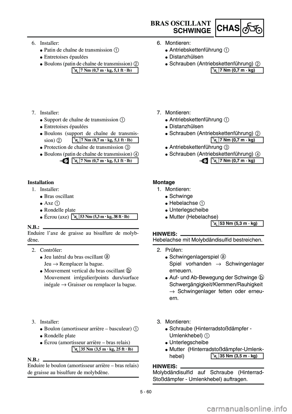 YAMAHA TTR125 2003  Betriebsanleitungen (in German) 5 - 60
CHAS
6. Montieren:
Antriebskettenführung 1 
Distanzhülsen
Schrauben (Antriebskettenführung) 2
T R..7 Nm (0,7 m · kg)
7. Montieren:
Antriebskettenführung 1 
Distanzhülsen
Schrauben (