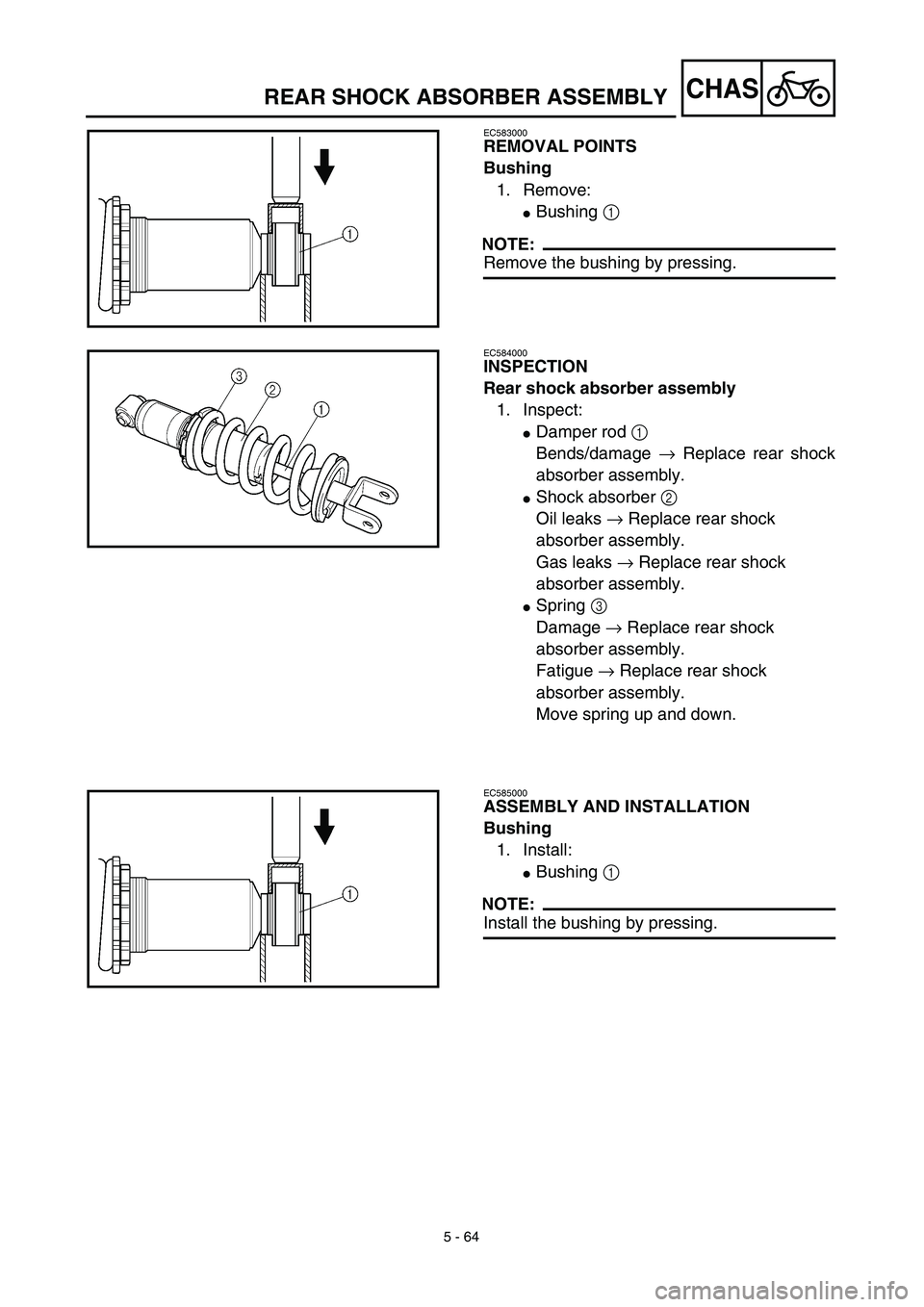 YAMAHA TTR125 2003  Notices Demploi (in French) 5 - 64
CHAS
EC583000
REMOVAL POINTS
Bushing
1. Remove:
Bushing 1 
NOTE:
Remove the bushing by pressing.
EC584000
INSPECTION
Rear shock absorber assembly
1. Inspect:
Damper rod 1 
Bends/damage → Re