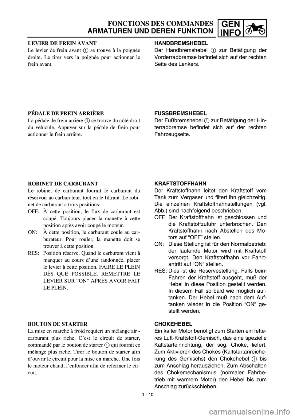 YAMAHA TTR125 2003  Notices Demploi (in French) GEN
INFOFONCTIONS DES COMMANDES
ARMATUREN UND DEREN FUNKTION
HANDBREMSHEBEL
Der Handbremshebel 1 zur Betätigung der
Vorderradbremse befindet sich auf der rechten
Seite des Lenkers.
FUSSBREMSHEBEL
Der