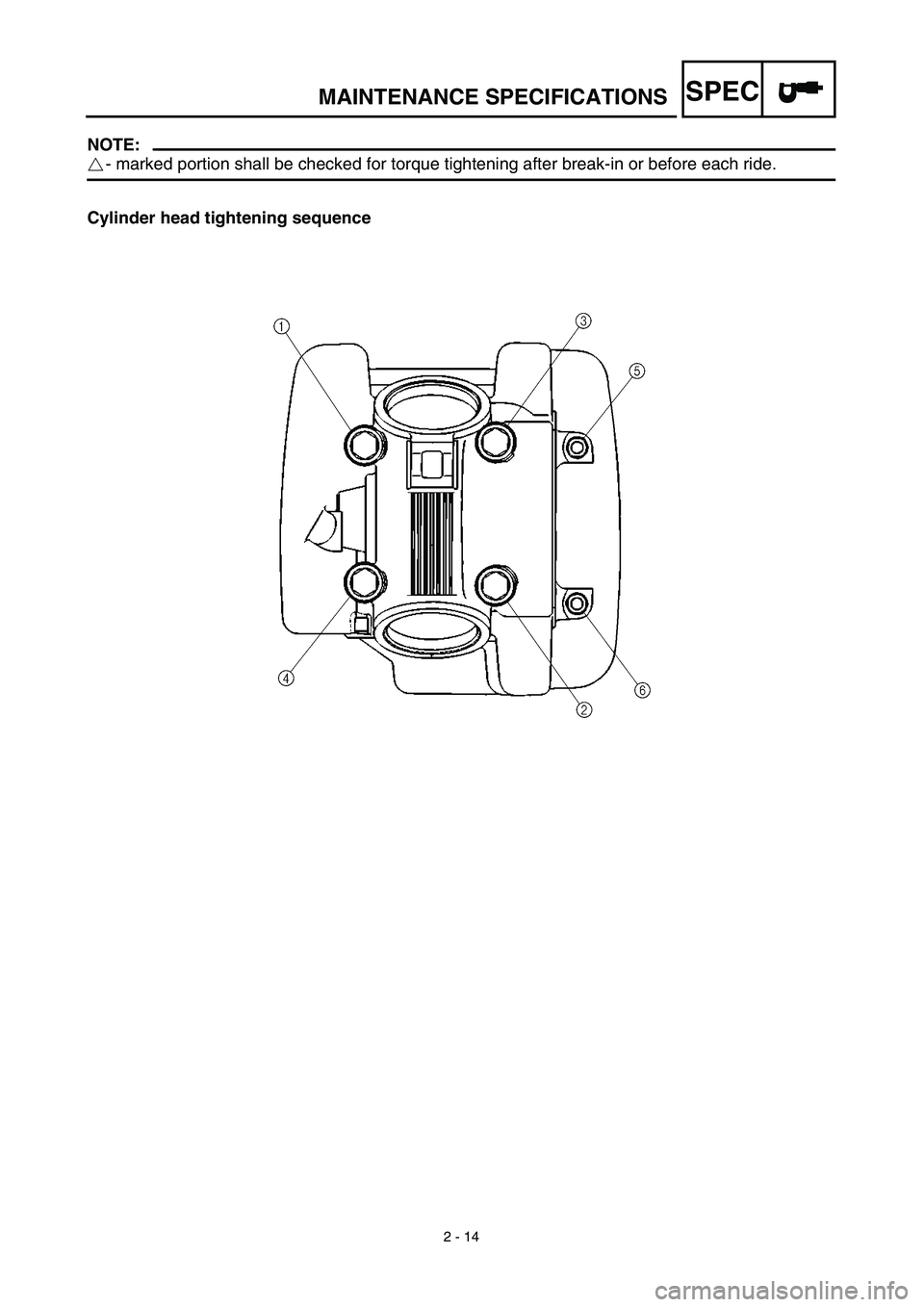 YAMAHA TTR125 2003  Notices Demploi (in French) SPEC
2 - 14
MAINTENANCE SPECIFICATIONS
NOTE:
- marked portion shall be checked for torque tightening after break-in or before each ride.
Cylinder head tightening sequence 
